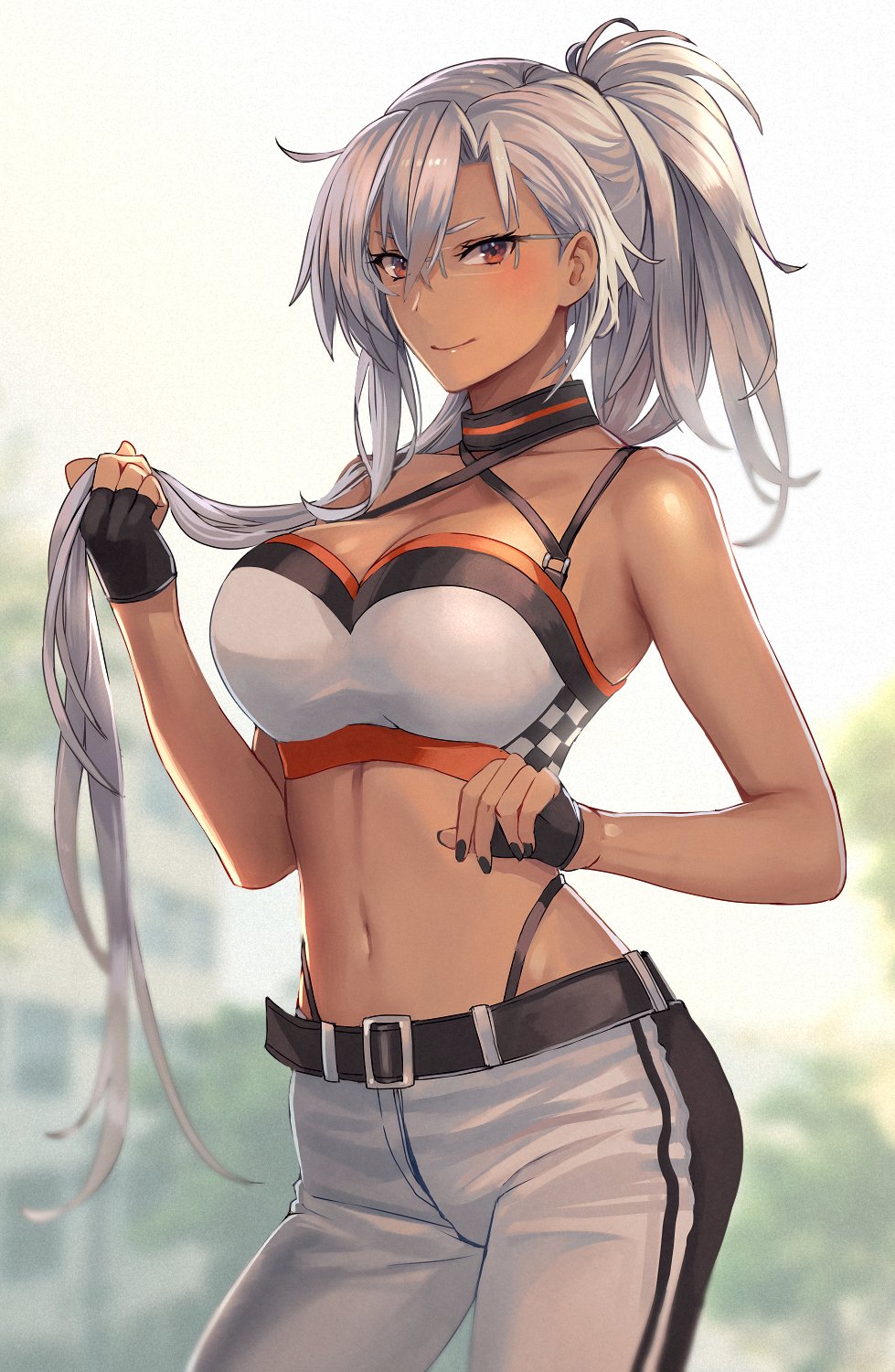 1girls bare_midriff belt belt_buckle black_nails breasts building crop_top female female_only fingerless_gloves glasses gloves highleg_panties holding_hair holding_own_hair kantai_collection kasumi_(skchkko) large_breasts looking_at_viewer midriff musashi_(kantai_collection) nail_polish navel outside painted_fingernails pants ponytail race_queen red_eyes revealing_clothes thong_straps trees white_crop_top white_hair white_pants