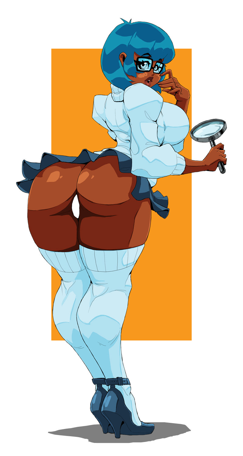 1girls, alternate hair color, alternate version available, big breasts, blue hair, bottom heavy, breasts, brown body, brown skin, busty, curvaceous, curvy, curvy figure, dark skin, dark-skinned female, digital media (artwork), eyebrows, eyelashes, eyes, female, female focus, female only, hair, hanna-barbera, hips, hourglass figure, huge breasts, human, legs, lips, nerdy female, scooby-doo, short hair, theoverloader, thick, thick legs, thick thighs, thighs, top heavy, upper body, velma dinkley, voluptuous, waist, wide hips