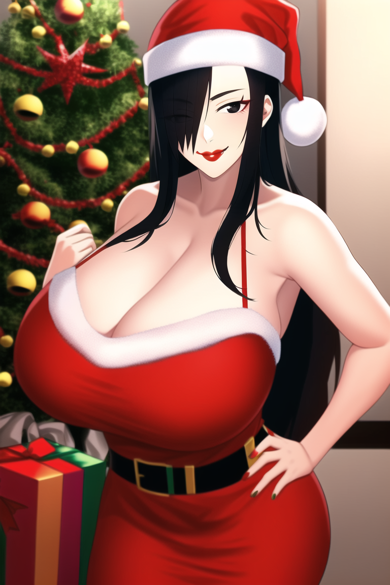 1girls, ai generated, bare arms, bare shoulders, big breasts, black eyes, black hair, boruto: naruto next generations, breasts, busty, christmas, christmas clothing, christmas outfit, christmas tree, cleavage, clothed, clothing, curvaceous, curvy, curvy body, curvy female, curvy figure, dress, female, gender transformation, genderswap, genderswap (mtf), green nail polish, green nails, hair over one eye, holidays, huge breasts, large breasts, light skin, light-skinned female, lipstick, looking at viewer, nai diffusion, nail polish, naruto, naruto (series), naruto shippuden, oppai, painted nails, pale skin, pale-skinned female, presenting breasts, red lips, red lipstick, red nail polish, red nails, rule 63, santa costume, santa hat, sasuke uchiha, sasuko, short dress, shounen jump, skimpy, skimpy clothes, skimpy dress, smile, smiling, smiling at viewer, stable diffusion, standing, transformation, voluptuous, wide hips