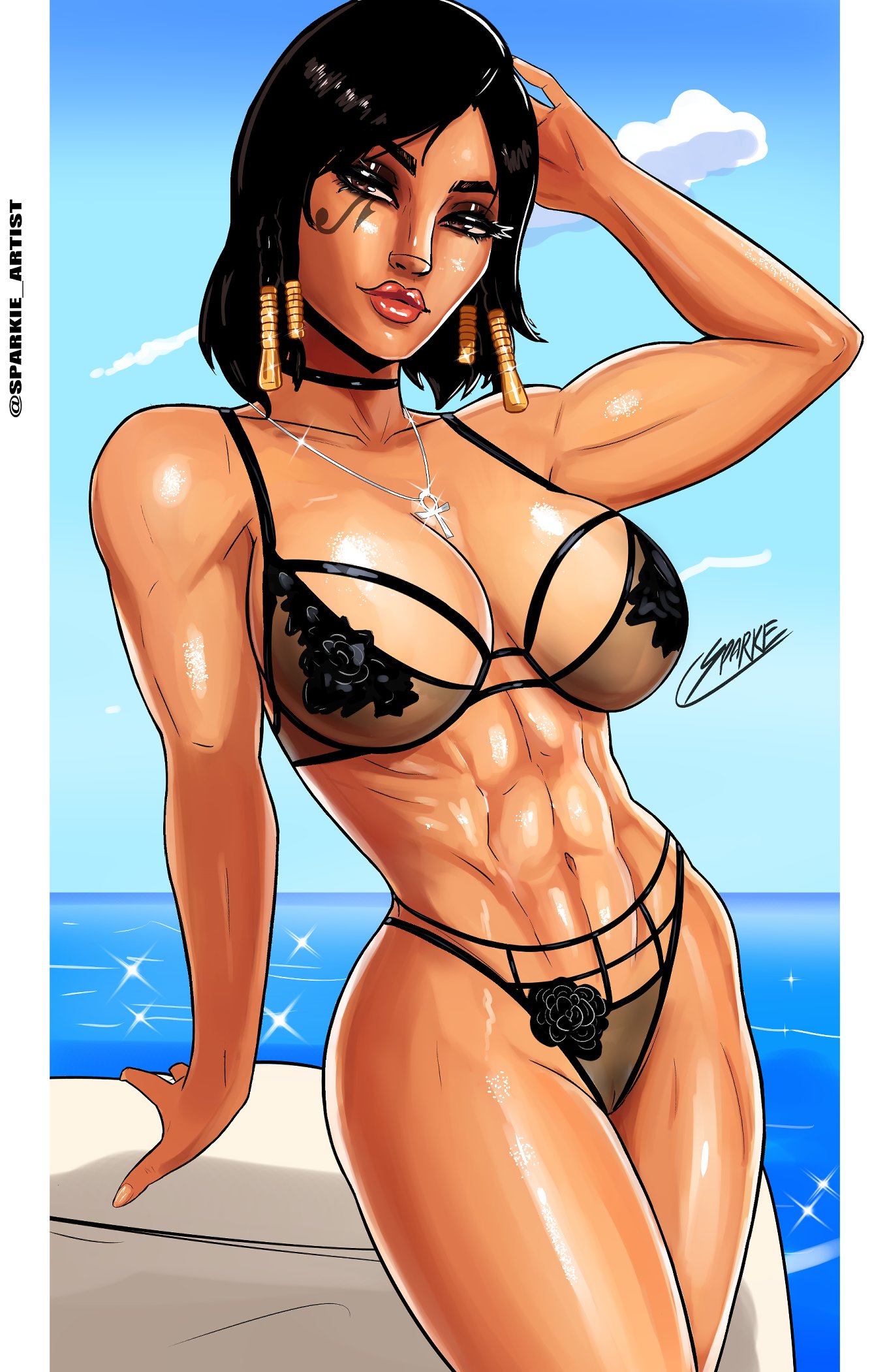 1girls, 2d, abs, big breasts, black hair, black lingerie, breasts, choker, dark skin, dark-skinned female, female, female only, fit, fit female, lingerie, necklace, overwatch, pharah, shiny skin, sparkietheartist, thick thighs, thighs
