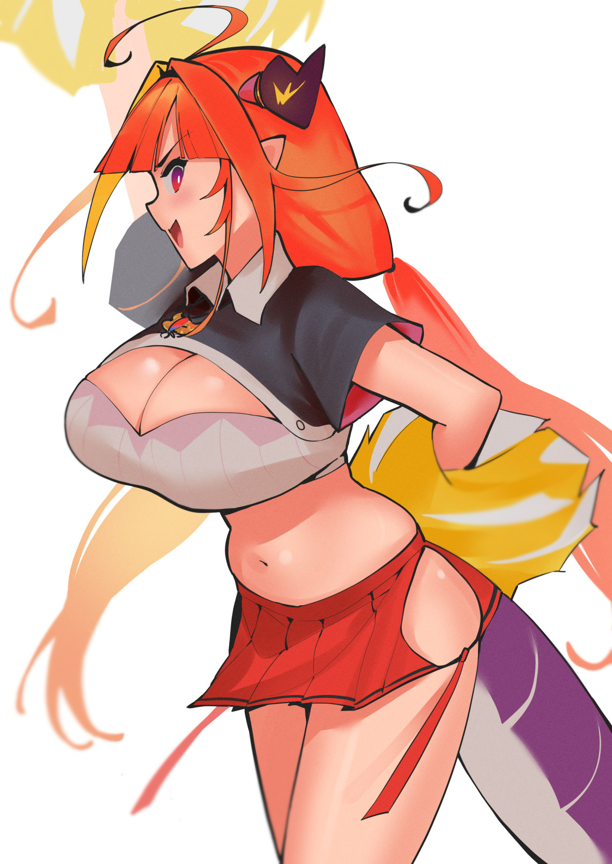 1girls, ahoge, breasts, cheerleader, cheerleader uniform, chubby, cleavage, cleavage cutout, dismassd, dragon, dragon girl, dragon horns, female, female only, gradient eyes, hip windows, holoforce, hololive, hololive japan, horns, huge breasts, kiryu coco, long hair, looking at viewer, looking back, miniskirt, multicolored hair, open mouth, orange eyes, orange hair, pointy ears, pom poms, purple eyes, skindentation, skirt, smile, solo, tail, thick thighs, thighs, two-tone hair, virtual youtuber, wide hips, yellow hair