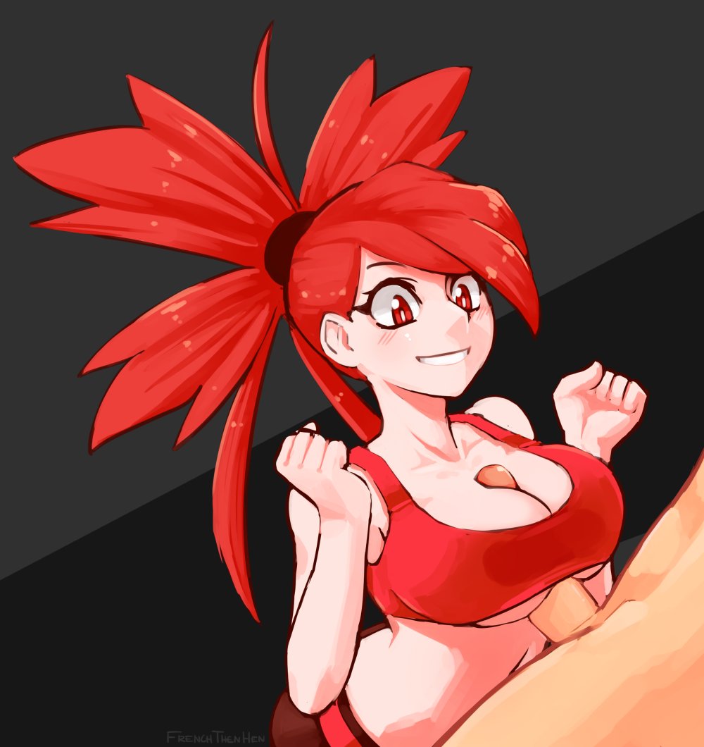 1boy bare_arms blush breasts candela_(pokémon) cleavage female flannery_(pokemon) frenchthenhen grin large_breasts light-skinned_female light-skinned_male paizuri paizuri_under_clothes pants penis pokemon pokemon_(game) red_eyes red_hair red_tank_top smile solo_focus straight tank_top unseen_male_face