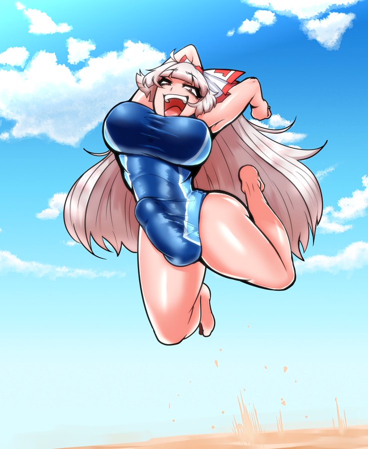 1futa balls big_breasts big_penis breasts bulge clothed clothing erection erection_under_clothes fujiwara_no_mokou fully_clothed futa_only futanari huge_ass huge_breasts huge_cock human light-skinned_futanari light_skin long_hair one-piece_swimsuit penis red_eyes reppx_ren solo swimsuit touhou white_hair