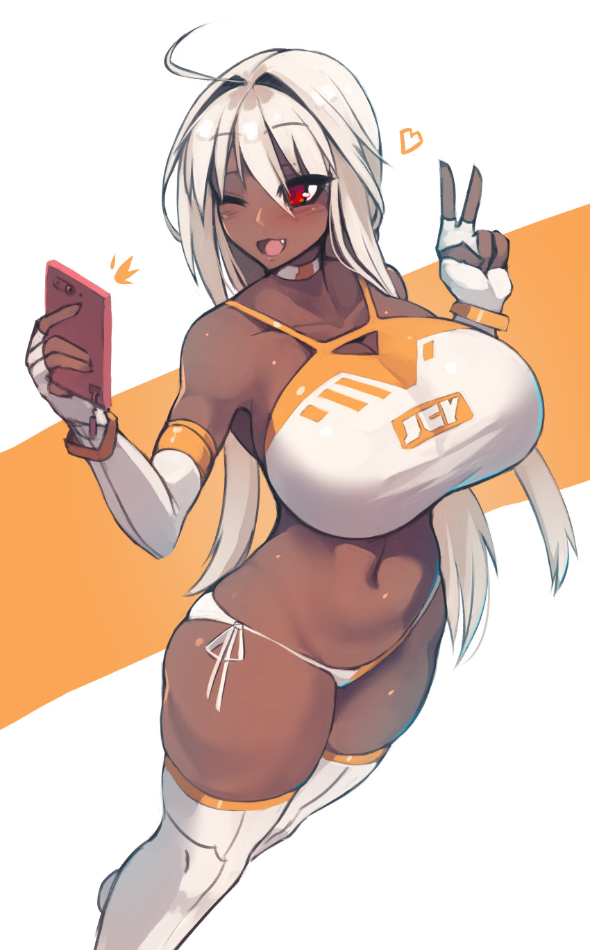 1girls bikini breasts choker elbow_gloves gloves holding_phone large_breasts long_hair midriff navel original phone race_queen red_eyes side-tie_bikini side-tie_swimsuit smartphone sub-res swimsuit thighhigh_boots v white_bikini white_hair white_swimsuit winking