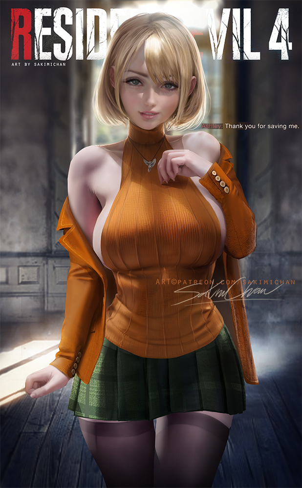 1girls, american, aqua eyes, ashley graham, ashley graham (ella freya), blonde hair, blue eyes, breasts, capcom, checkered skirt, clothed, female, green eyes, huge breasts, light skin, light-skinned female, looking at viewer, medium hair, miniskirt, petite, resident evil, resident evil 4, resident evil 4 remake, sakimichan, seductive eyes, seductive look, seductive smile, short hair, short skirt, skirt, slim, smile, solo, stockings, thighhighs, turtleneck