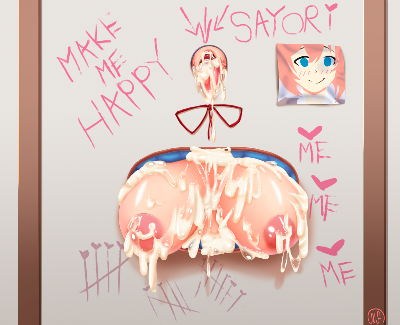1girls, big breasts, breasts, breasts out, breasts outside, cum, cum all over, cum covered, cum drinking, cum drip, cum dripping, cum dripping down chin, cum everywhere, cum explosion, cum in mouth, cum on breasts, cum out mouth, doki doki literature club, excessive cum, female, female only, glory hole, inviting, naked, naked female, nofapplease, open mouth, oral invitation, sayori (doki doki literature club), smile, tongue, tongue out, video games, wall, writing on wall