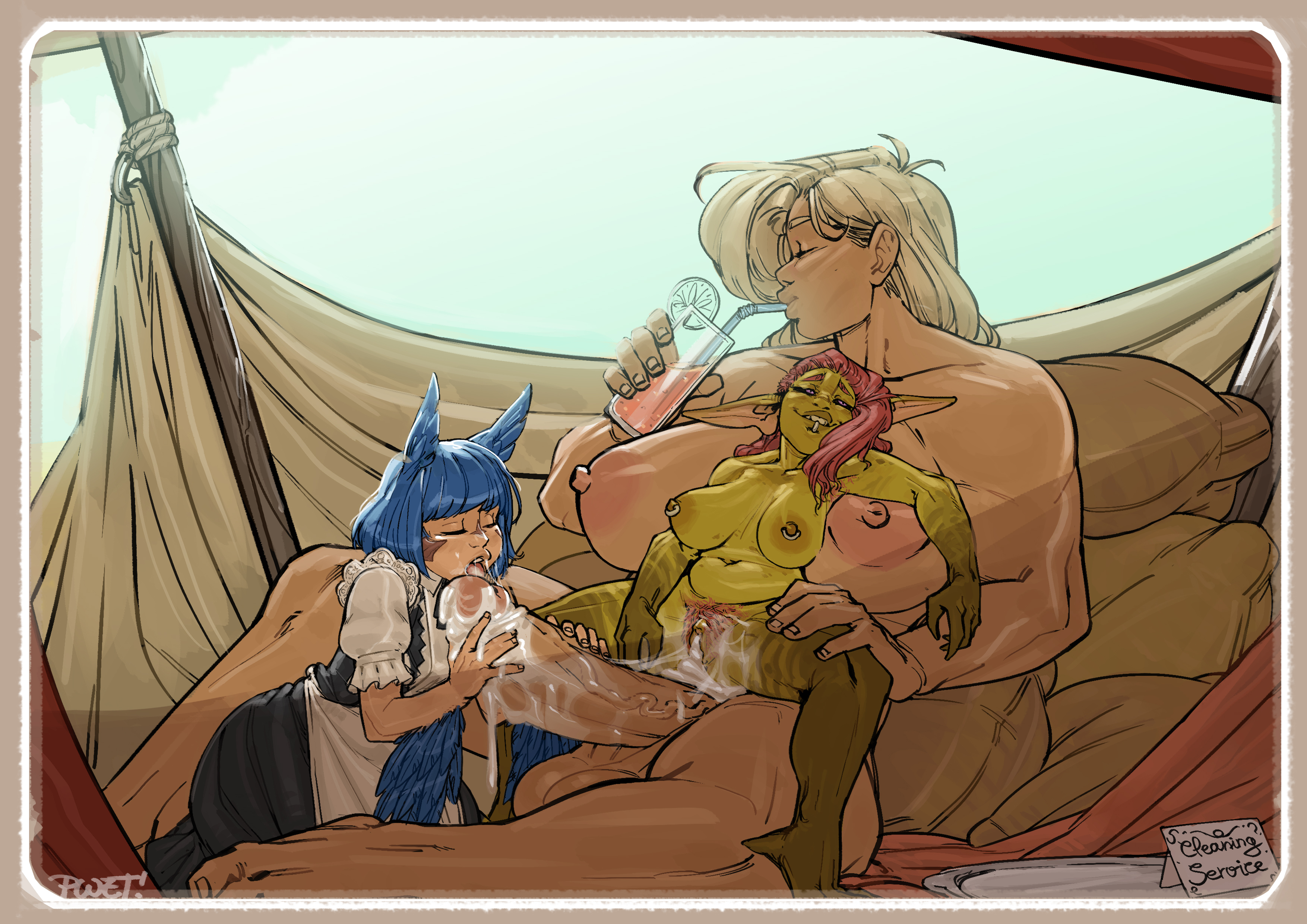 1futa, 2021, 2girls, after sex, arcquosnsfw, balls, big balls, big penis, blonde hair, blue hair, cleaning cock, cleaning fellatio, creampie, cum in pussy, drinking, feathered arms, fellatio, female, ffm threesome, futanari, goblin, goblin female, huge cock, intersex, larger futa, maid, muscular, muscular arms, muscular futa, muscular shoulders, nude, nude futa, oral, penis, pink hair, pink pubic hair, pussy, sharky (arcquosnsfw), shortstack, size difference, smaller female, tagme