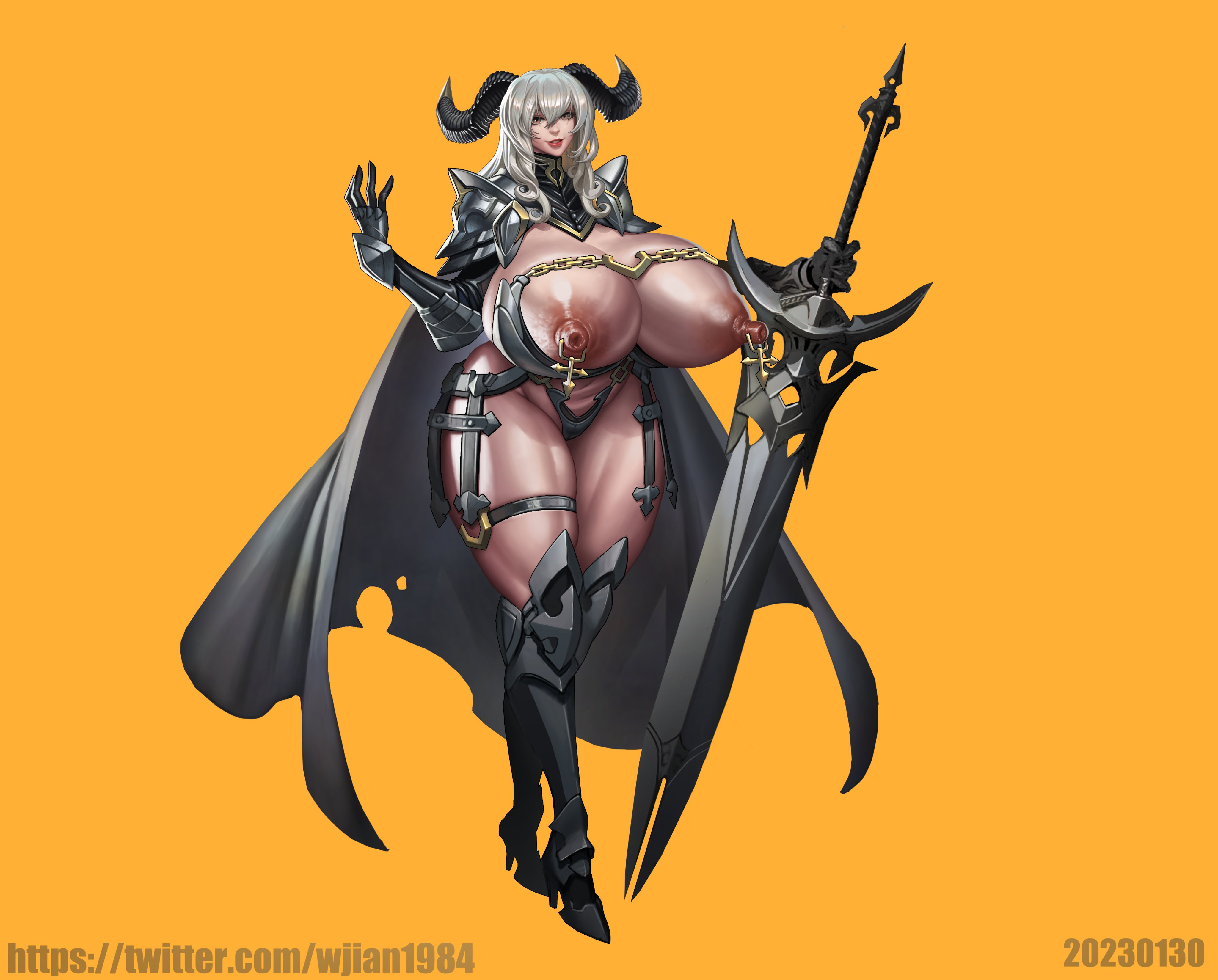 1girls, 69 (artist), areola, armor, big breasts, breasts, female, female only, gloves, hair between eyes, horn, horns, huge breasts, large breasts, light skin, light-skinned female, long hair, looking at viewer, mature, mature female, nipple piercing, nipples, oppai, orange background, piercing, revealing clothes, silver hair, simple background, solo, solo female, solo focus, sword, voluptuous, voluptuous female, wearing condom
