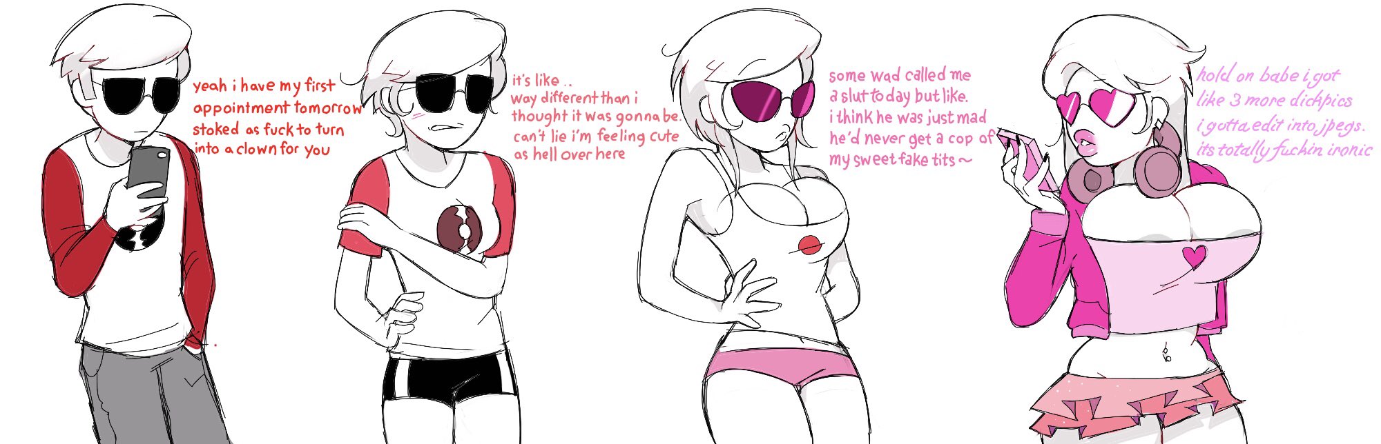 ass expansion, bimbo, bimbofication, bimbofied, breast expansion, breast growth, breast growth (enlargement), breasts, clownstongue, dave strider, female, gender transformation, homestuck, mind control, ms paint adventures, mtf transformation, rule 63, solo, tagme, transformation