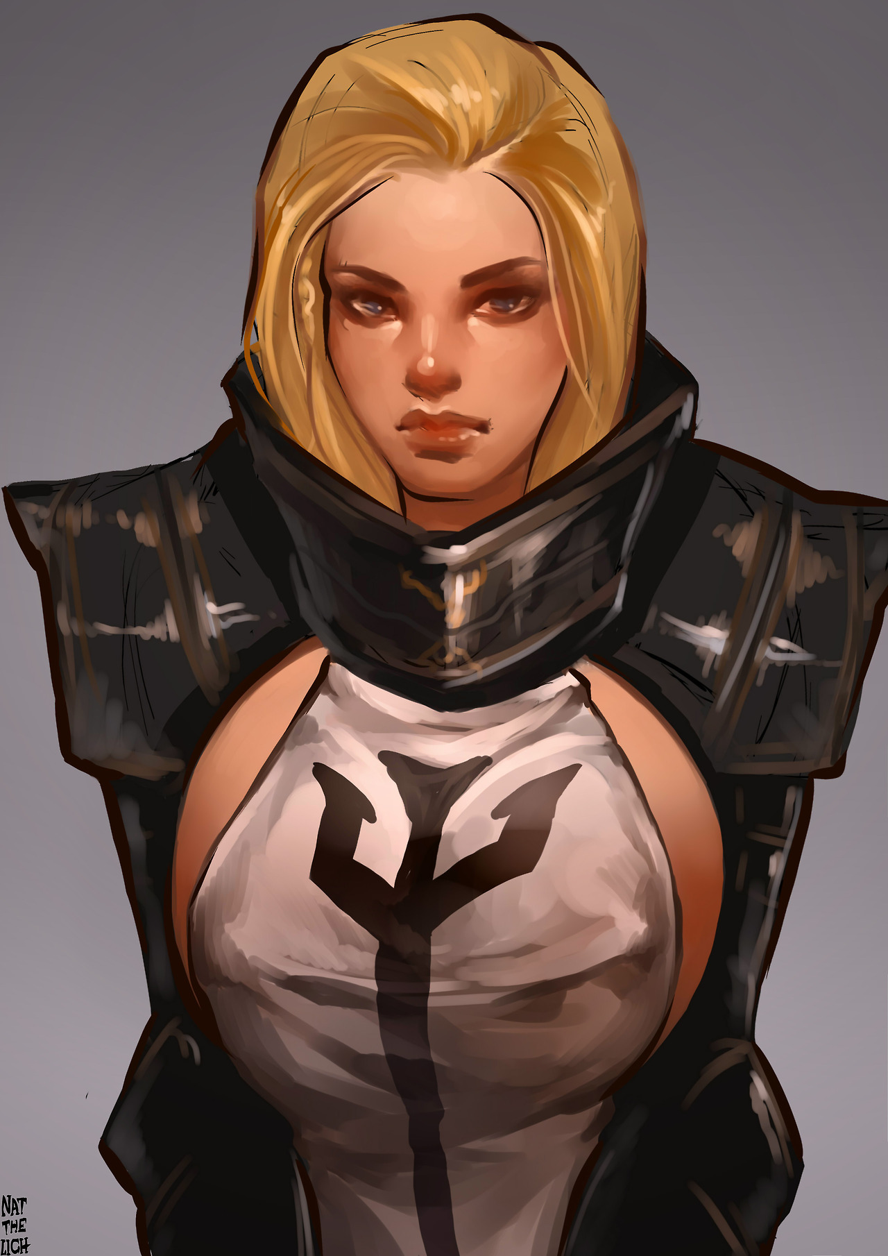 armor, big breasts, blonde hair, breasts, clothing, diablo, diablo 3, female, female only, human, johanna (diablo), natthelich, pale skin, solo, tabard