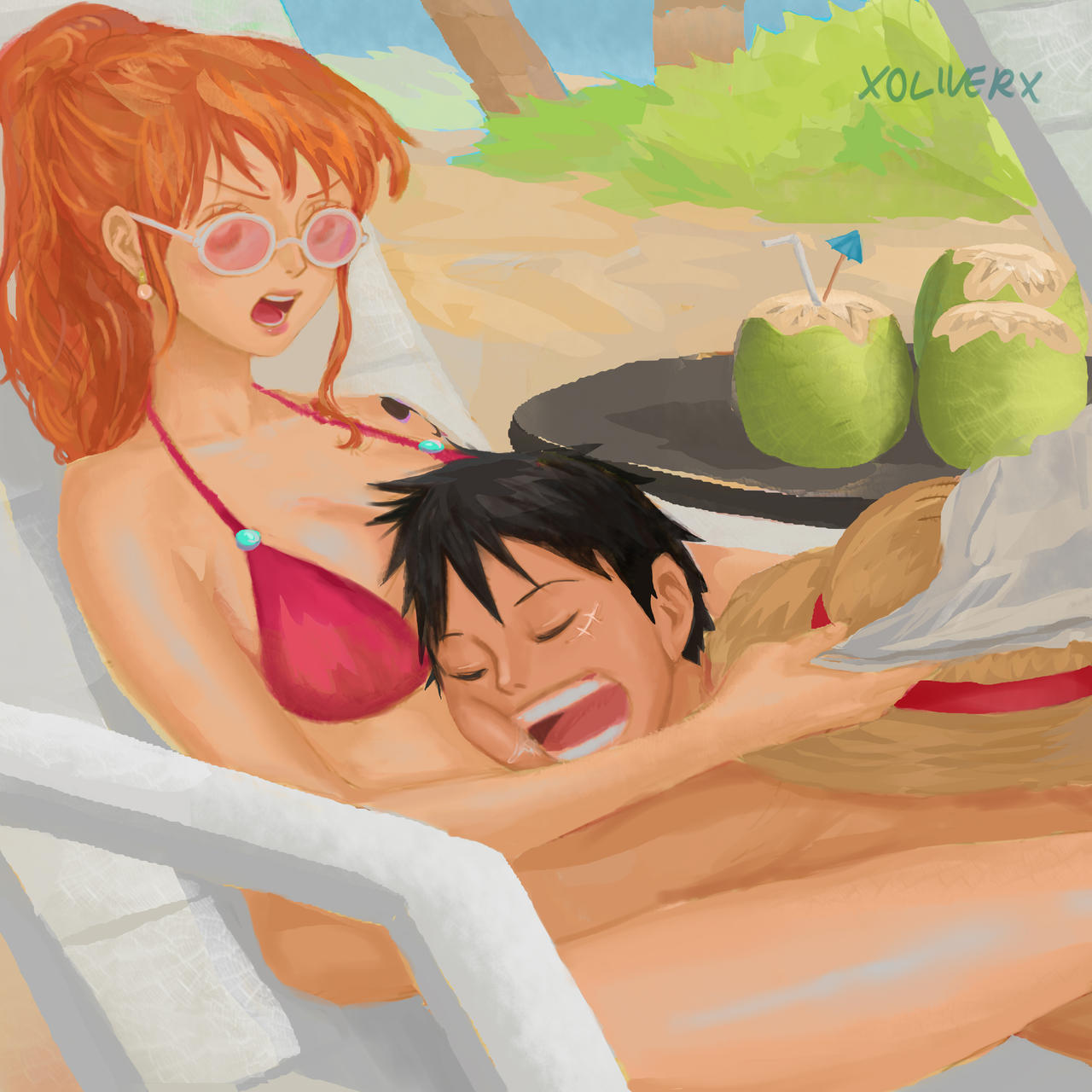 1boy 1boy1girl 1girls beach beach_chair bikini black_hair breasts cleavage coconut coconut_drink couple cuddling cute drooling female head_on_stomach humor long_hair male monkey_d_luffy nami no_shirt one_piece orange_hair painting_(artwork) pink-tinted_eyewear ponytail post-timeskip scar short_hair shoulder_tattoo sitting sleeping sleeping_on_partner sleeping_on_person sunglasses tattoo thick_thighs tinted_eyewear wholesome xoliverx