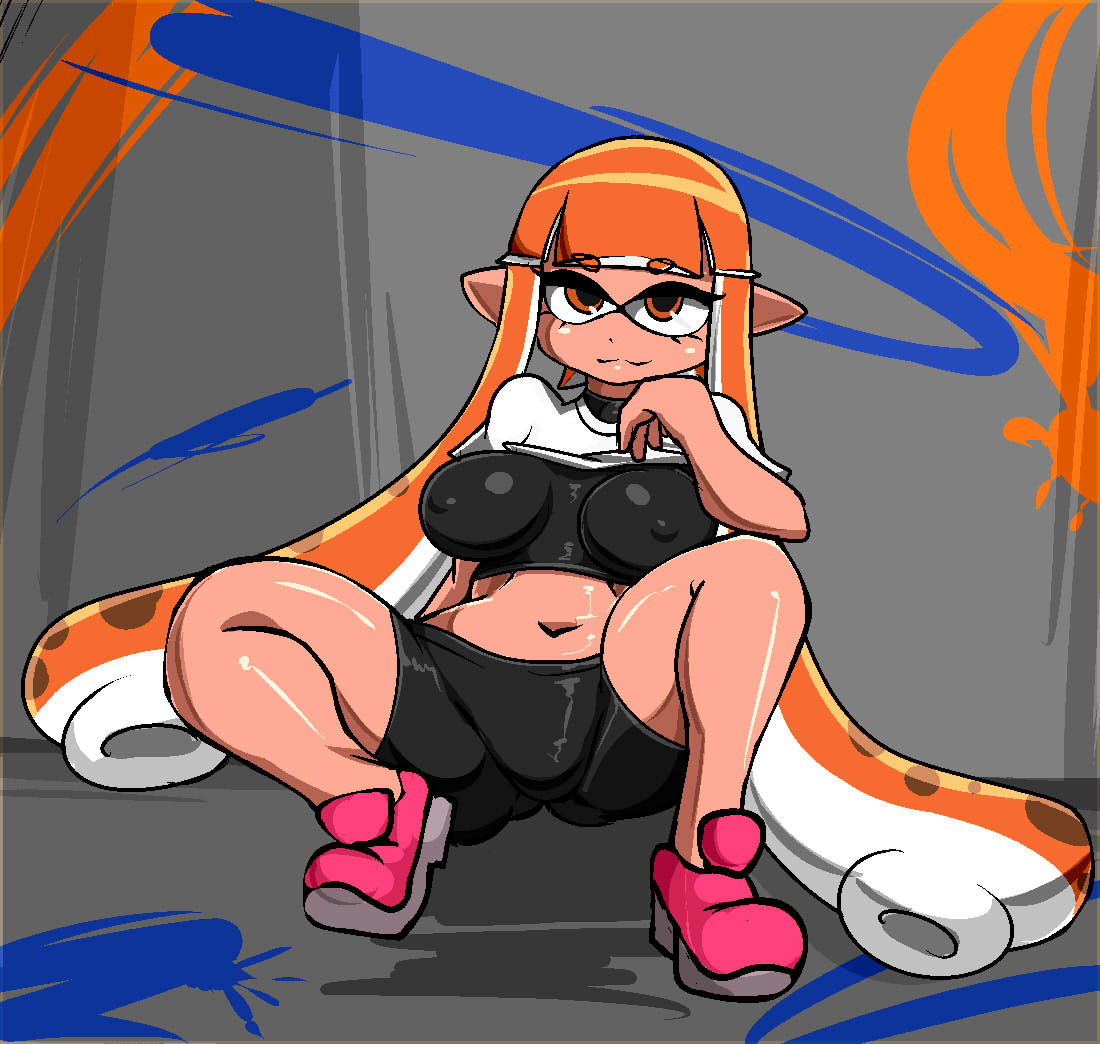 animal humanoid, anthro, ass, ass visible through thighs, big breasts, breasts, cephalopod, cephalopod humanoid, female, humanoid, ink, inkling, inkling girl, kaori (splatoon), lifting shirt, mask (marking), nintendo, nipples visible through clothing, pointy ears, pseudo hair, splatoon, splatoon (series), squid, tentacle, tentacle hair, toy tablet