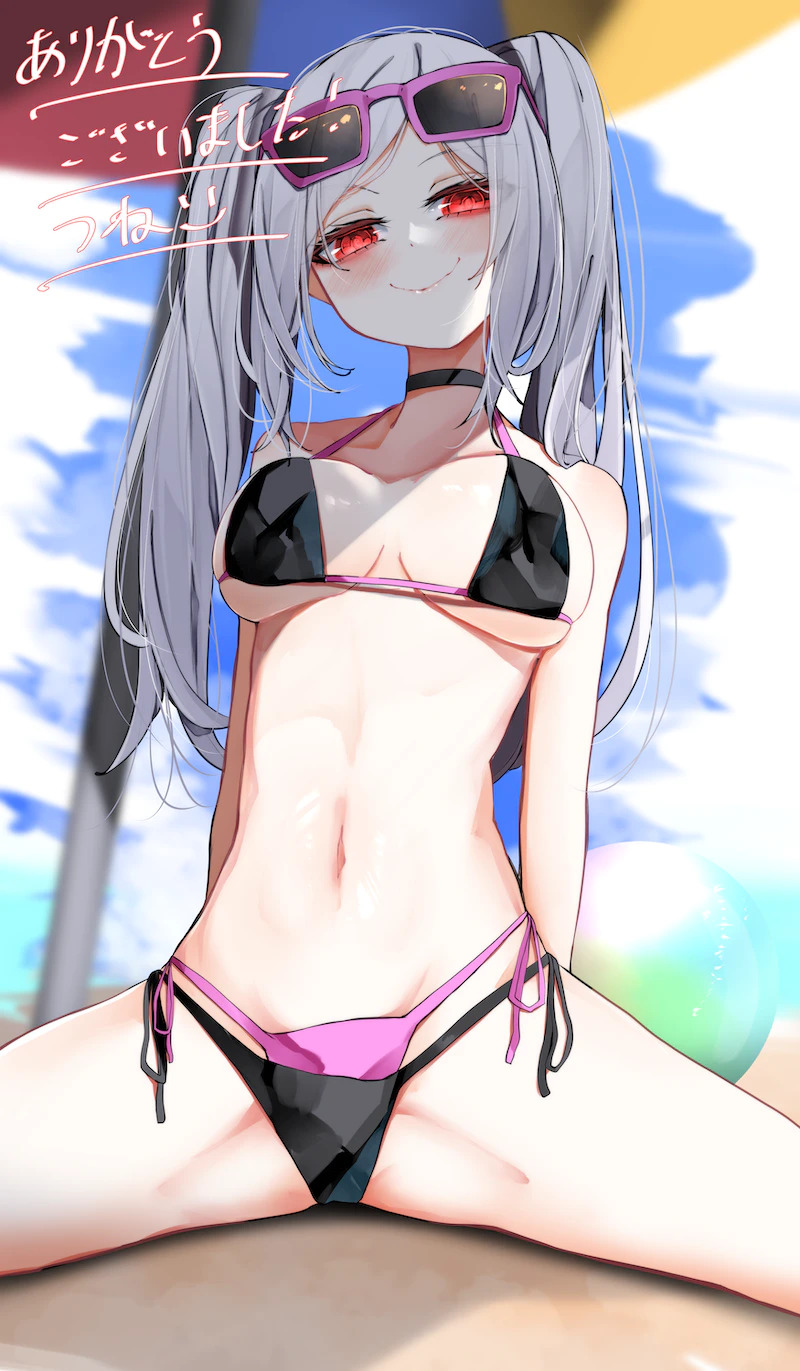 alternate_costume beach bikini black_bikini eyewear_on_head female female_only fire_emblem fire_emblem_awakening grima_(fire_emblem) long_hair looking_at_viewer medium_breasts nintendo red_eyes robin_(fire_emblem) robin_(fire_emblem)_(female) skeb_commission smile spread_legs sunglasses sunglasses_on_head swimsuit tsu_ne_tune tsune_(tune) twintails under_umbrella white_hair