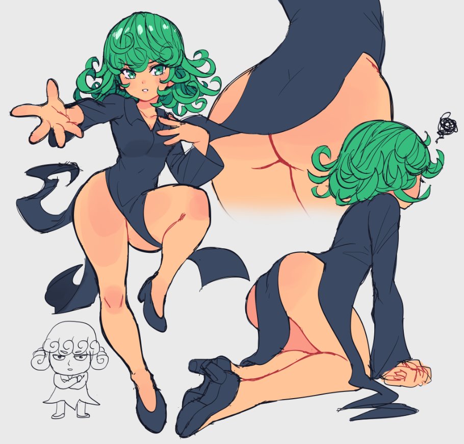 1girls angry ass ass_focus bottomless dress female female_only from_behind going_commando green_eyes green_hair high_heels on_all_fours one-punch_man short_hair slammo solo tatsumaki thick_thighs thighs