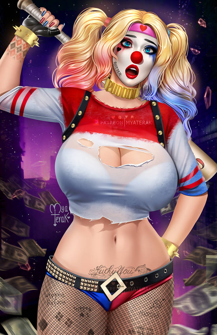 1girls baseball_bat batman_(series) big_breasts blonde_hair bra busty cleavage clown_girl clown_makeup clown_nose color curvaceous curvy curvy_figure dc dc_comics digital_media_(artwork) dyed_hair eyebrows eyelashes eyes female female_only fishnet_pantyhose fishnets hair harley_quinn headband hips hourglass_figure huge_breasts large_breasts light-skinned_female light_skin lips multicolored_hair myaterak see-through_top short_shorts slim slim_waist solo suicide_squad tattoos thighs villain villainess voluptuous waist