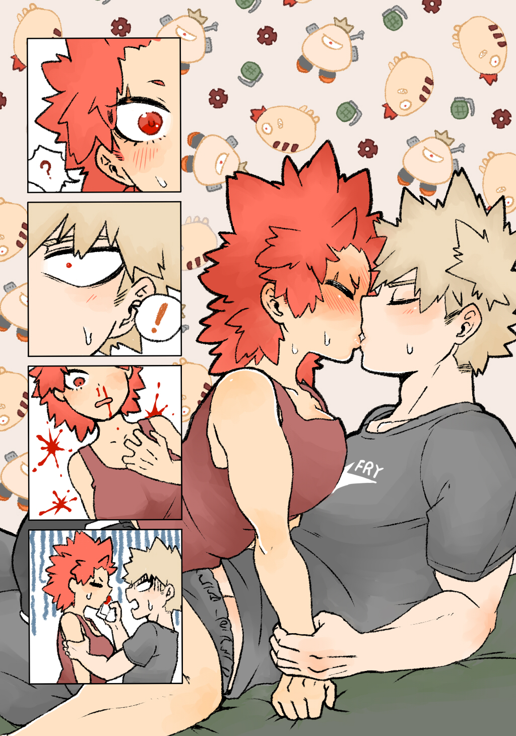 eijirou_kirishima female female_eijirou genderswap heterosexual katsuki_bakugou kissing making_out male_to_female my_hero_academia nosebleed rule_63 straddling underwear washdraw