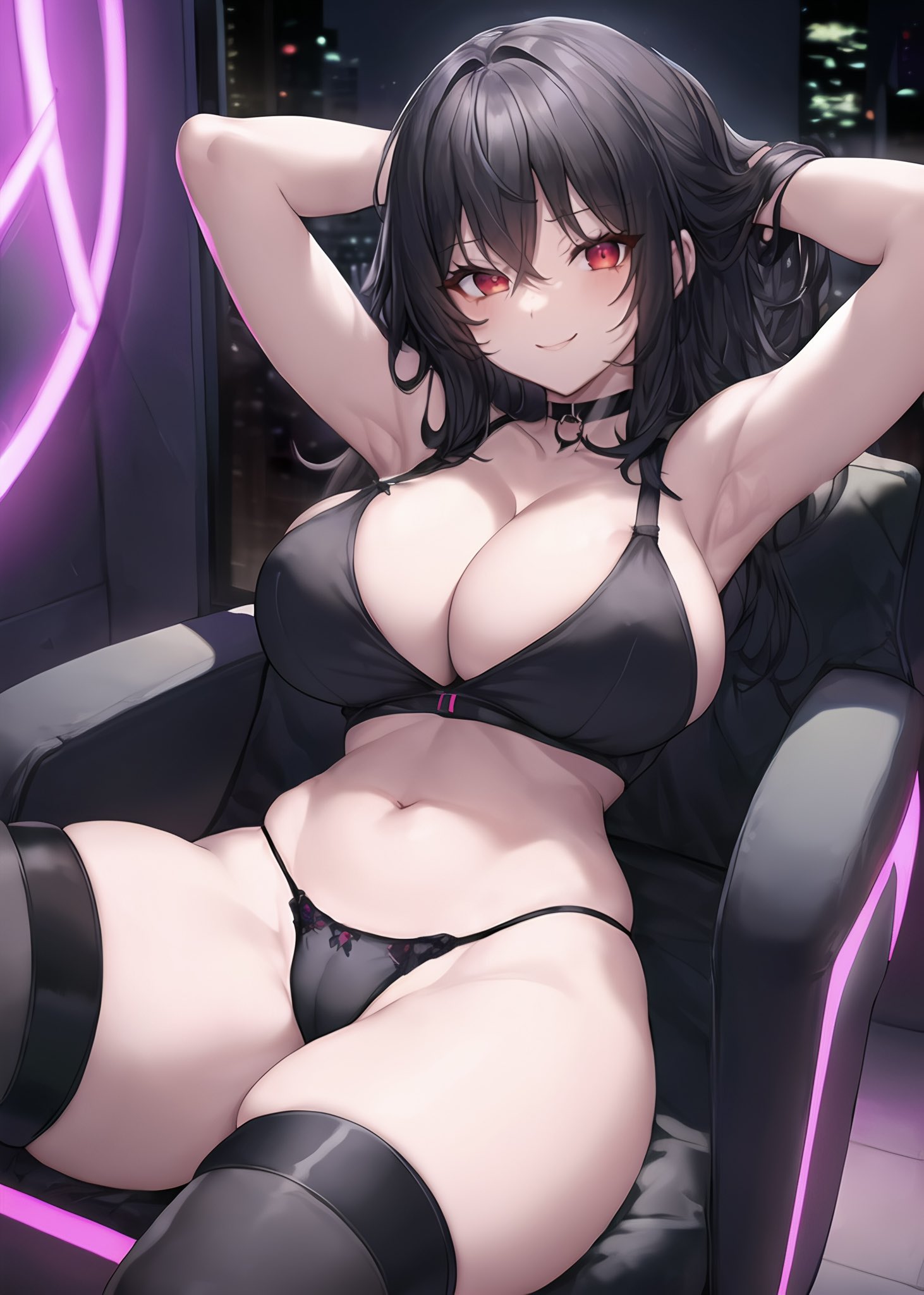 1girls, ai generated, armpits, arms up, bikini, black bikini, black hair, blush, breasts, female, huge breasts, indoors, light skin, light-skinned female, long hair, looking at viewer, naughty face, original, original character, red eyes, smile, stable diffusion, stuffyai, thick thighs, thighs