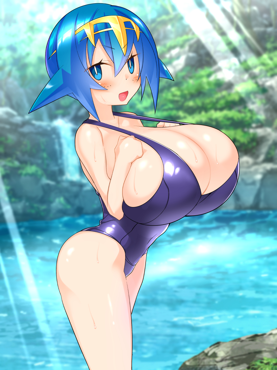 1girls, big breasts, bimbo, blue eyes, blue hair, breasts, bursting breasts, cleavage, clothing cutout, cowboy shot, female, freckles, gigantic breasts, hairband, huge breasts, hyper breasts, lake, lana (pokemon), large breasts, looking at viewer, makarou, massive breasts, nintendo, open mouth, outside, pokemon, pokemon sm, school swimsuit, short hair, squeezing breast, strap gap, swimsuit