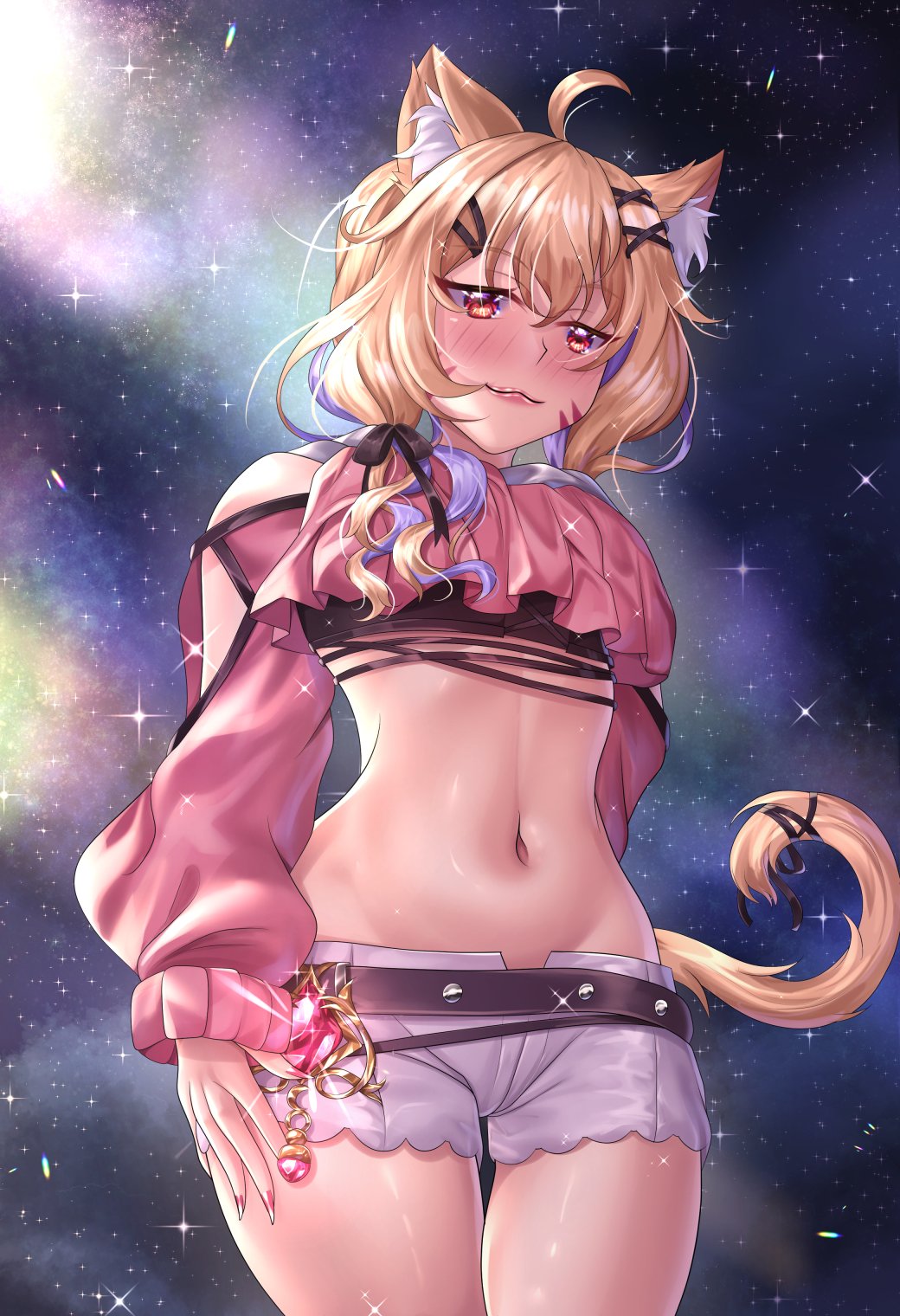 1girl ahoge animal_ear_fluff animal_ears bangs bare_shoulders black_choker blonde_hair blush bow breasts cat_ears cat_tail catgirl choker closed_mouth constellation cowboy_shot crop_top eyebrows_visible_through_hair hair_bow hair_ornament hairclip jacket long_hair long_sleeves looking_at_viewer luyluc midriff nail_polish navel night night_sky off_shoulder open_clothes open_jacket pink_jacket pink_shirt red_eyes shirt shooting_star short_shorts shorts sky smile solo space sparkle sparkle_background squchan_(vtuber) standing star_(sky) star_(symbol) starry_background starry_sky stomach tail thighs twintails virtual_youtuber vyugen white_shorts