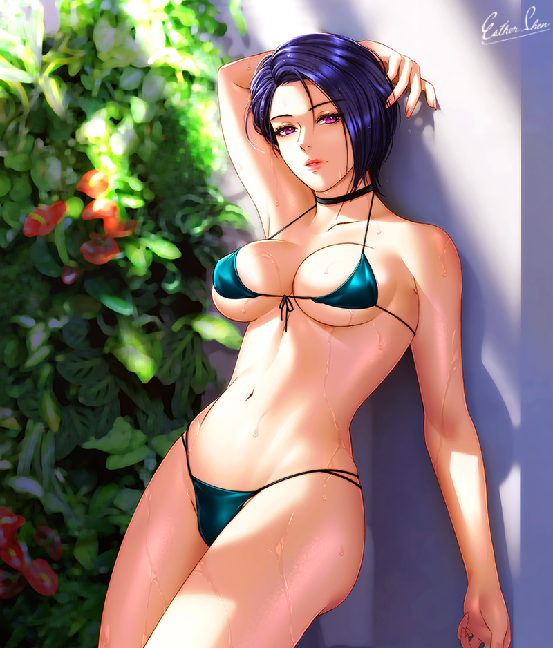 1girls against_wall alternate_costume arm_behind_head bikini black_choker blue_hair blurry blurry_background breasts choker dappled_sunlight dark_blue_hair english_commentary esther-shen female female_only fingernails fire_emblem fire_emblem:_three_houses flower front-tie_bikini_top front-tie_top green_bikini green_swimsuit large_breasts lips looking_at_viewer mole mole_under_mouth navel nintendo outdoors plant purple_eyes shamir_nevrand short_hair signature solo string_bikini sunlight swimsuit wet