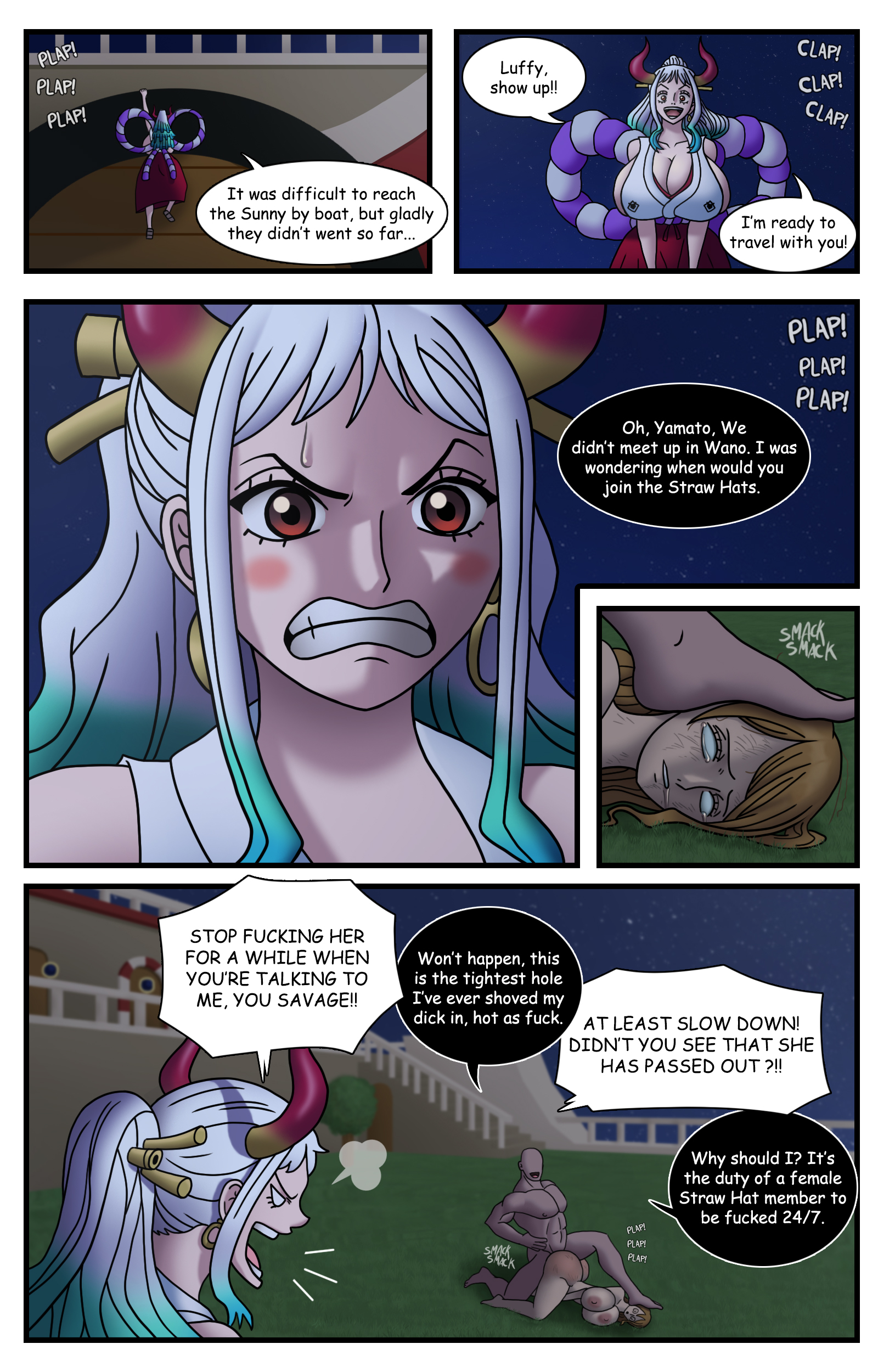 1boy, 2girls, anal, angry expression, arm tattoo, ass, being watched, big ass, big breasts, blue tattoo, blushing, breasts, comic, english text, faceless male, female, foot on head, from behind, holymonster, large breasts, loud sex, male, nami (one piece), night, one piece, orange hair, orange-haired female, outdoors, passed out, post-timeskip, sleep molestation, sleeping, spank marks, spanked butt, stepping on head, tattoo, tears, text, unconscious, white hair, white-haired female, yamato (one piece)