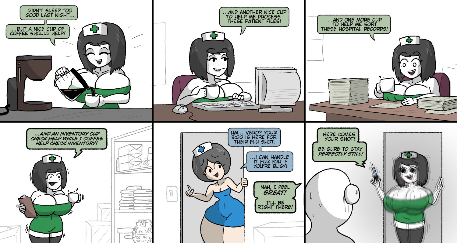 1boy, 2d, 2d (artwork), 2girls, ass, ass bigger than breasts, ass size difference, ass vs breasts, big breasts, black hair, bob cut, bottom heavy, bottomless, bouncing breasts, breast size difference, breasts, breasts bigger than ass, clipboard, coffee, comedy, computer, doctorloops, fast, female, funny, giant breasts, gigantic breasts, huge breasts, humor, male, mob face, mona (doctorloops), motion blur, motion lines, nurse, nurse cap, nurse uniform, oc, original, original character, original characters, paper, shaking, short hair, tagme, thick thighs, thighhighs, top heavy, trembling, veronica (doctorloops), veronica and mona, wide hips