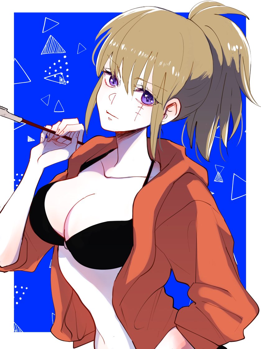 big_breasts bikini black_bikini blonde_hair blue_background cleavage facial_scar female female_only gintama hoodie kiseru koyokoyot light_brown_hair looking_at_viewer official_alternate_costume pale-skinned_female pale_skin pipe ponytail purple_eyes scar smoking_pipe solo swimsuit tsukuyo