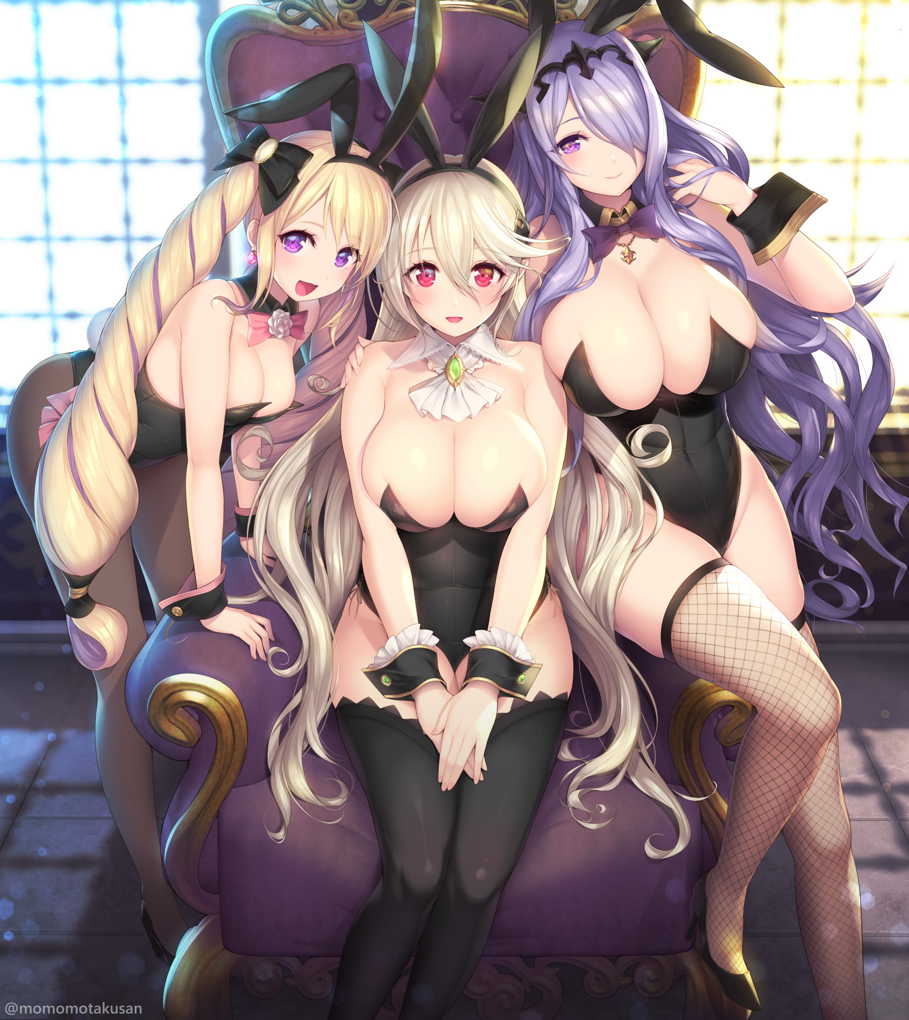 3girls, alternate costume, alternate version available, animal ears, armchair, ass, bare thighs, bent over, black leotard, black thighhighs, blonde hair, bow, bowtie, breasts, brooch, bunny ears, bunny girl, bunnysuit, camilla (fire emblem), chair, corrin (fire emblem), corrin (fire emblem) (female), detached collar, drill hair, elise (fire emblem), fake animal ears, fake tail, female, female only, fire emblem, fire emblem fates, fishnet legwear, fishnet thighhighs, fishnets, grey hair, hair over one eye, high heels, highres, huge breasts, inner thighs, jewelry, kashiwamochi yomogi, large breasts, legs, leotard, medium breasts, multiple females, multiple girls, nintendo, pantyhose, playboy bunny, pointy ears, purple hair, rabbit ears, rabbit tail, siblings, sisters, sitting, smile, strapless, strapless leotard, tail, thick thighs, thighhighs, thighs, throne, tiara, twin drills, twintails, wrist cuffs, year of the rabbit