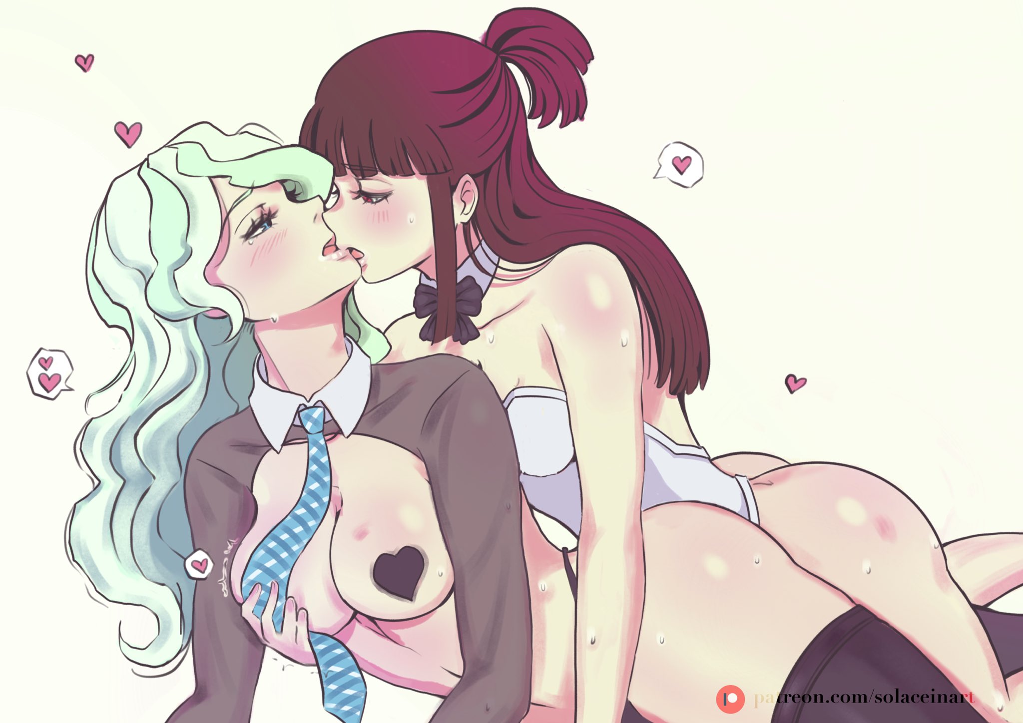 2girls, atsuko kagari, blue eyes, blush, breast grab, breasts, brown hair, bunnysuit, diakko, diana cavendish, female, green hair, groping breasts, groping from behind, kissing, little witch academia, long hair, looking at partner, red eyes, reverse bunnysuit, ribbon, sheermoonbeam, spoken heart, studio trigger, sweat, tie, white background, yuri