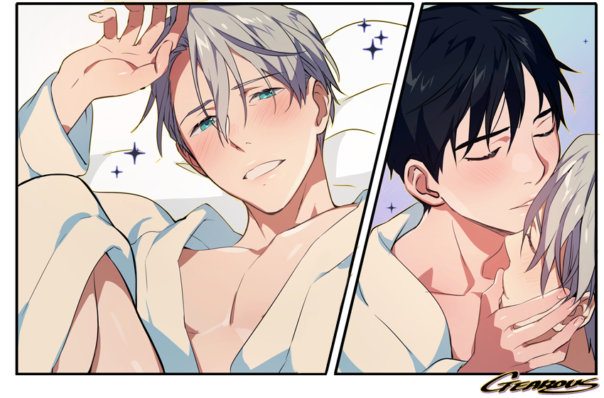 2boys artist_name black_hair blue_eyes blush close-up closed_eyes comic commentary_request fingernails gearous grey_hair happy katsuki_yuuri kissing kissing_forehead looking_at_viewer male_focus mixed-language_commentary multiple_boys panels profile short_hair silent_comic smile sparkle teeth upper_body viktor_nikiforov yaoi yuri!!!_on_ice