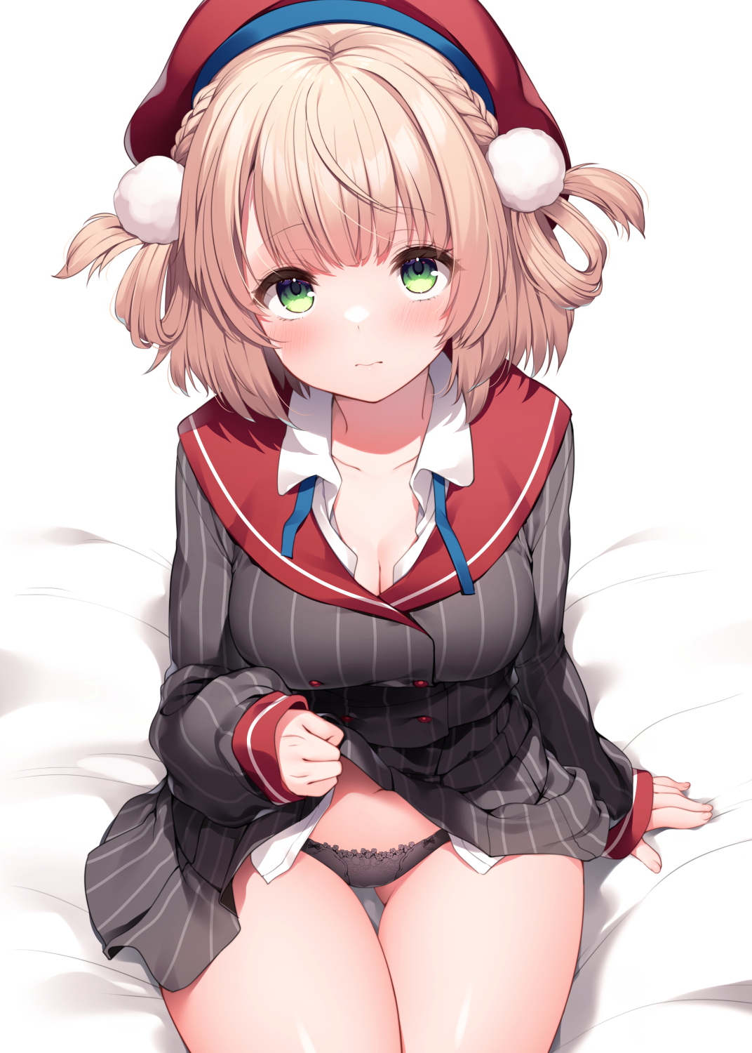 1girls, bangs, black panties, blonde hair, braid, breasts, cleavage, female, fujisaki hikari, green eyes, hat, indie virtual youtuber, lifted by self, light skin, looking at viewer, medium breasts, panties, shigure ui (vtuber), short hair, sitting, skirt lift, solo, thighs, virtual youtuber, white skin