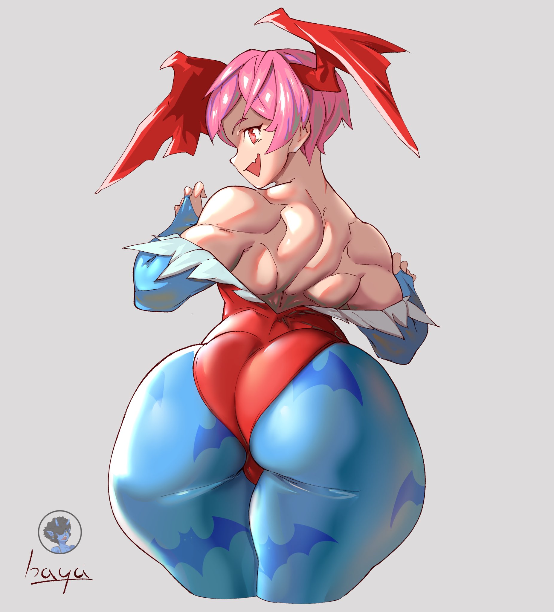 1girls, afrometalmizu, artist name, ass, big ass, capcom, clothing, collaboration, darkstalkers, demon, female, head wings, hi res, lilith aensland, looking back, pink hair, short hair, simple background, smile, succubus, succubus costume