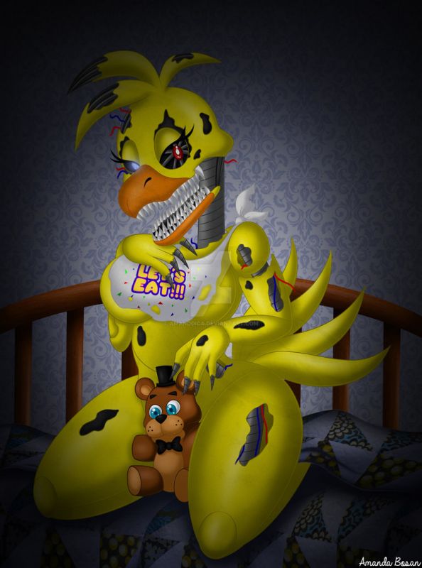 amanddica animatronic avian bib chica_(fnaf) covering_crotch covering_pussy five_nights_at_freddy's five_nights_at_freddy's_4 kneeling nightmare_chica_(fnaf) plushie sharp_teeth