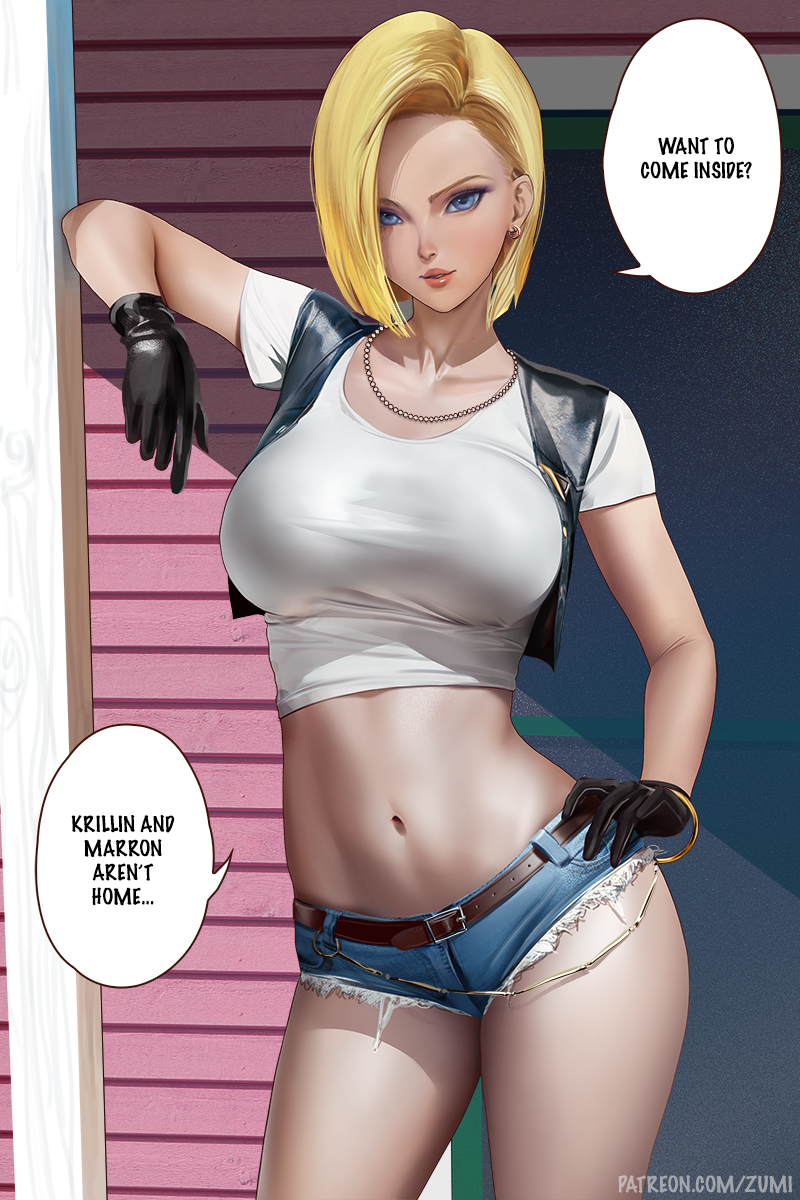 1girls, 2023, android 18, blonde hair, blue eyes, booty shorts, breasts, cheating wife, crop top, dialogue, dragon ball, dragon ball z, english text, female, hand on hip, implied cheating, instagram link, jean shorts, large breasts, light skin, light-skinned female, micro shorts, microshorts, midriff, milf, navel, realistic, short hair, short shorts, shorts, slim waist, solo, solo female, text, thick thighs, toned, vest, wide hips, zumi