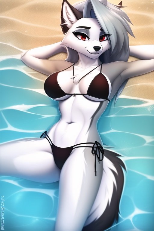 1girls, ai generated, beach, bikini, female, furry, furry female, grey hair, hardboildchicken, helluva boss, long hair, loona (helluva boss), midriff, red eyes, water, wolf ears, wolf girl, wolf tail