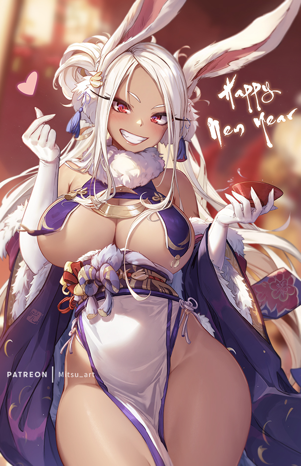 1girls breast_curtains breasts brown_skin bunny_ears cleavage dark-skinned_female dark_skin detached_sleeves female hips huge_breasts long_hair long_sleeves looking_at_viewer lunar_new_year miruko mitsu_art my_hero_academia new_year rabbit_ears red_eyes rumi_usagiyama slim_waist smile thick_thighs thighs white_hair wide_hips year_of_the_rabbit