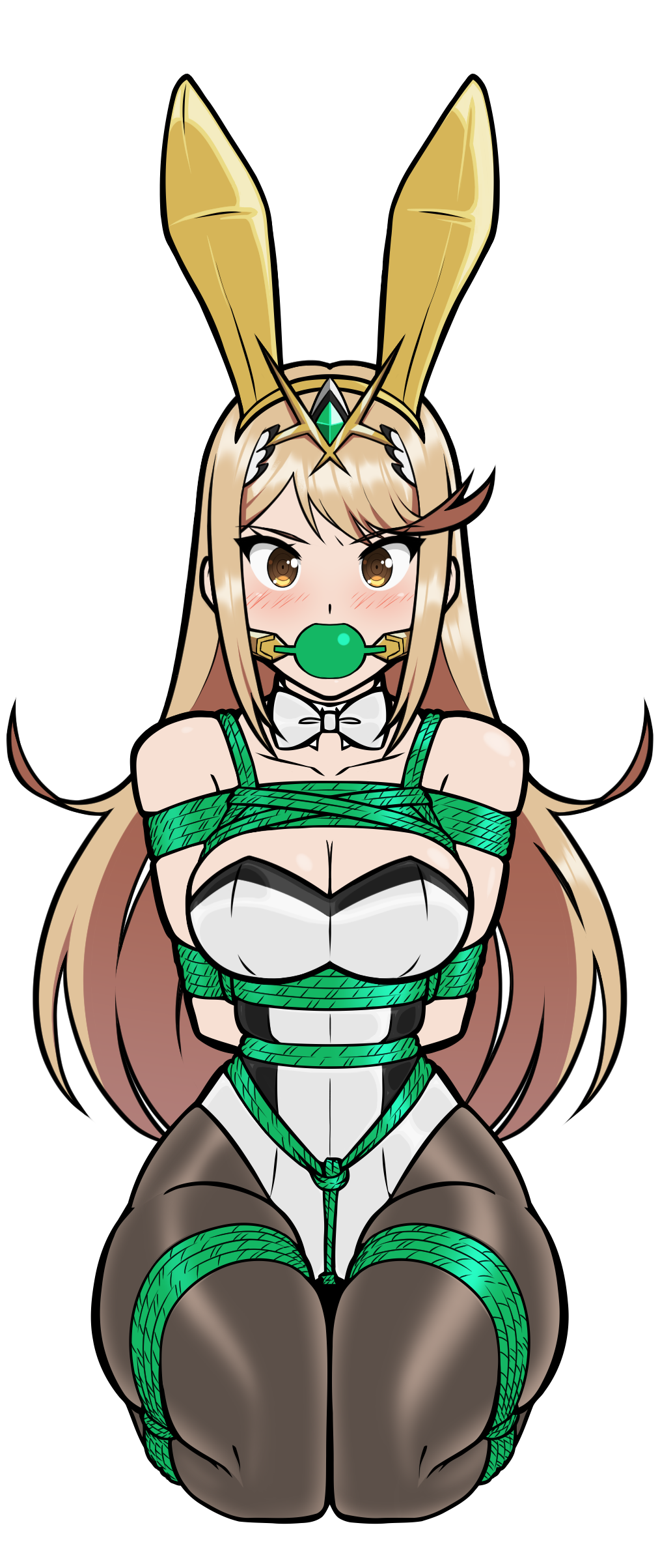 1girls arms_tied_behind_back ball_gag blonde_hair bondage bound bowtie box_tie breasts bunny_ears bunnysuit crotch_rope fake_animal_ears gag gagged green_ball_gag kneeling large_breasts latex legs_tied leotard long_hair looking_at_viewer mythra nintendo pantyhose playboy_bunny restrained rope rope_bondage shibari_over_clothes shiny_clothes strapless strapless_leotard tiara tied_up tight_clothing white_leotard wossarem xenoblade_(series) xenoblade_chronicles_2 yellow_eyes