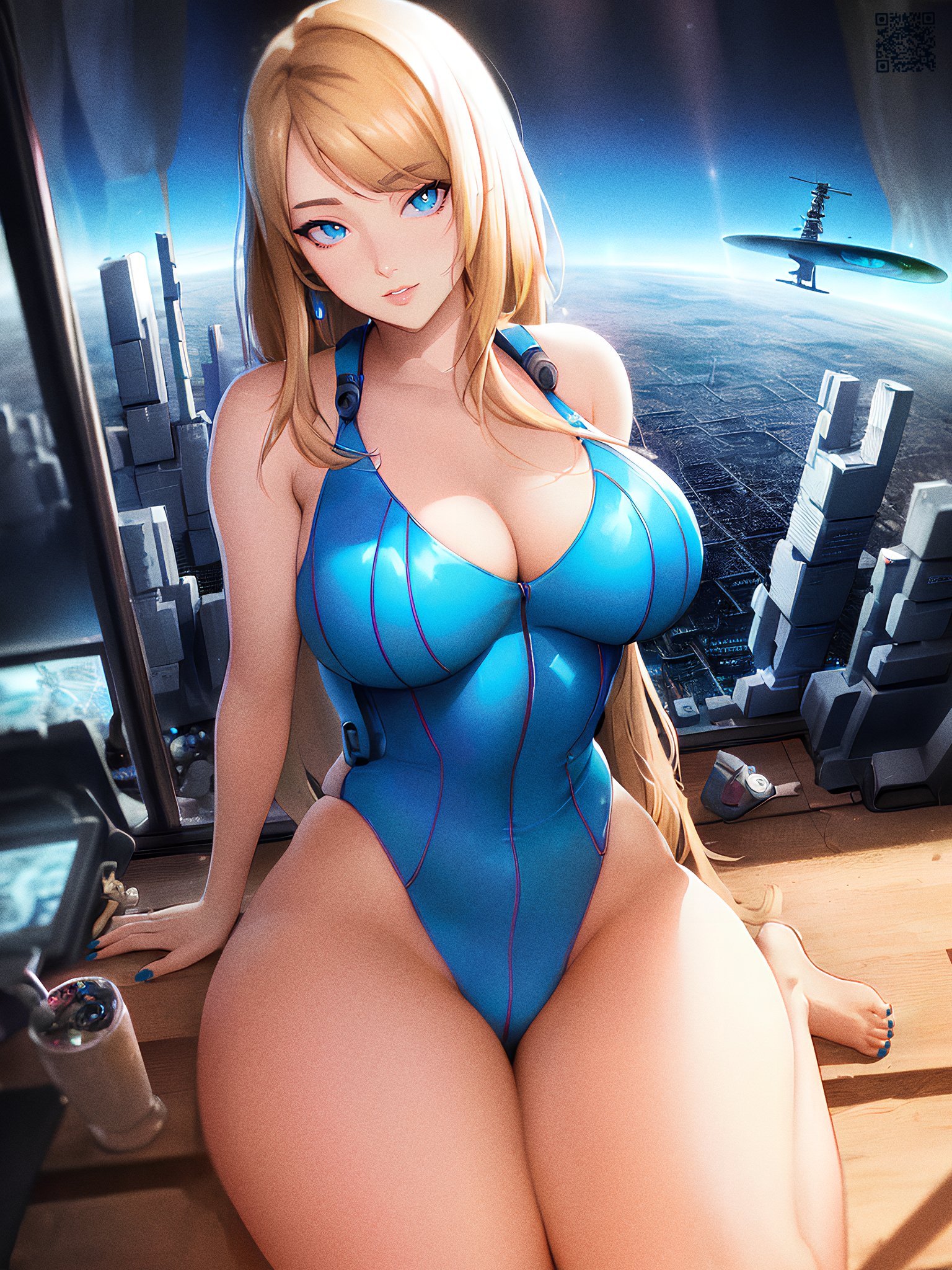 1girls, 2023, ai generated, blonde hair, blue eyes, curvaceous, curvy, curvy body, curvy female, female, female focus, female only, hi res, latex, latex leotard, looking at viewer, metroid, samus aran, voluptuous female