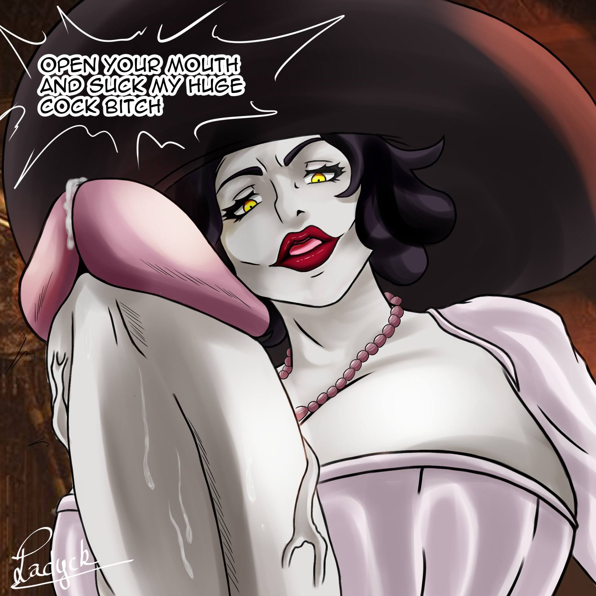 1futa, alcina dimitrescu, breasts, clothed, clothing, dialogue, english text, female, futa only, futa vampire, futadom, futadom caption, futanari, giant breasts, giant futa, giant penis, giantess, huge cock, humanoid, humanoid penis, intersex, ladyck (artist), large female, looking at viewer, looking down, looking down at viewer, mature futa, milf, mini giantess, mostly clothed, penis, precum, red lipstick, resident evil, resident evil 8: village, solo, standing, taker pov, talking to viewer, text, vampire, veiny penis, vulgar, yellow eyes
