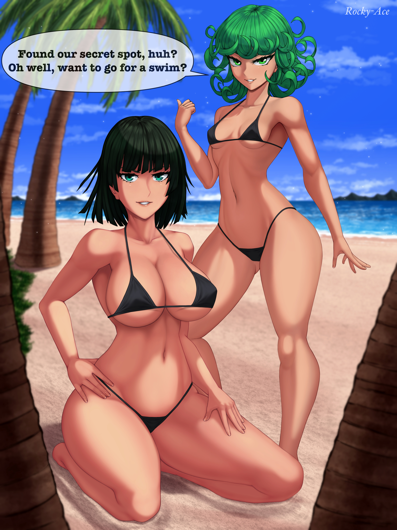 2girls, alternate costume, alternate version available, big breasts, bikini, bikini bottom, bikini top, black bikini, bottomwear, breasts, cleavage, dark green hair, english, english text, fat breasts, female, female only, flat belly, fubuki (one-punch man), green hair, hair, huge breasts, large breasts, looking at viewer, multiple females, multiple girls, one-punch man, rocky-ace, short hair, sisters, small breasts, speech bubble, swimsuit, swimwear, tatsumaki, text, thick thighs, thighs, topwear