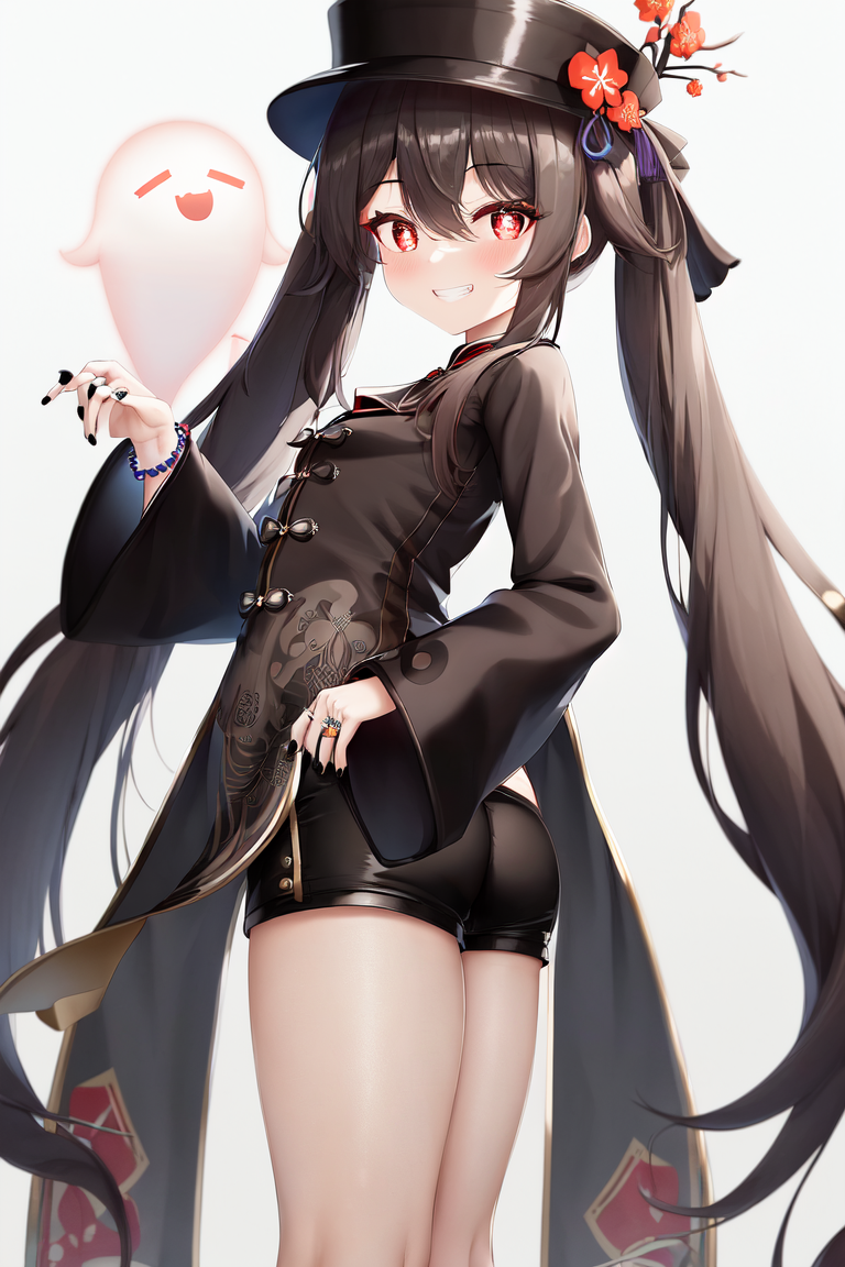 ai generated, ass, black nails, black shorts, blush, boo tao (genshin impact), brown hair, cameltoe, chinese clothes, female, from behind, genshin impact, ghost, grin, hat, hat ornament, hu tao (genshin impact), long hair, looking at viewer, looking back, pussy, red eyes, shiny, shiny clothes, shiny hair, shiny skin, smile, solo, twintails, very long hair