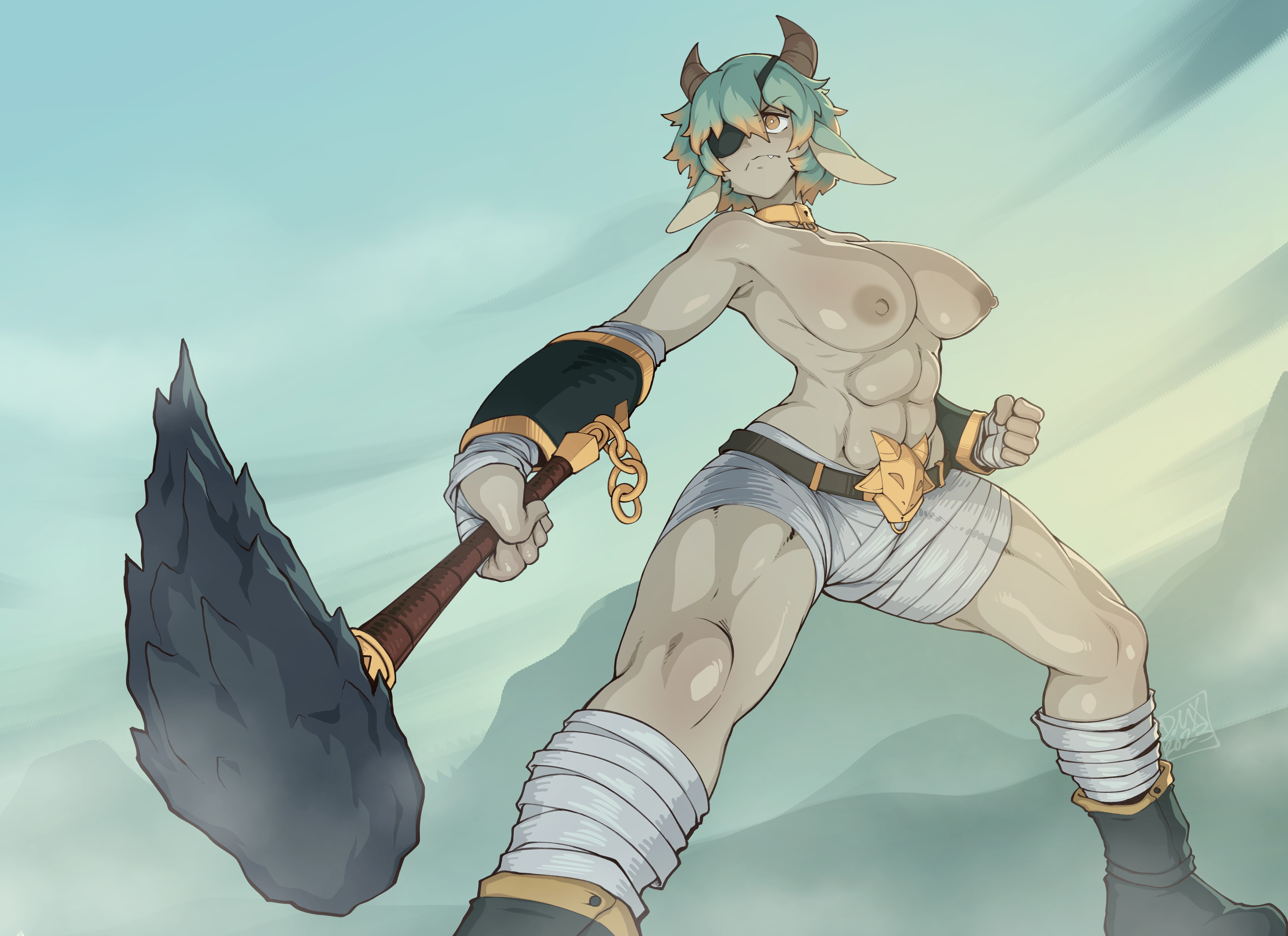 abs, bandage, bandages, breasts, dmxwoops, eye patch, female, goat, goat girl, gold eyes, green hair, horns, pov, topless, topless female, y'otta