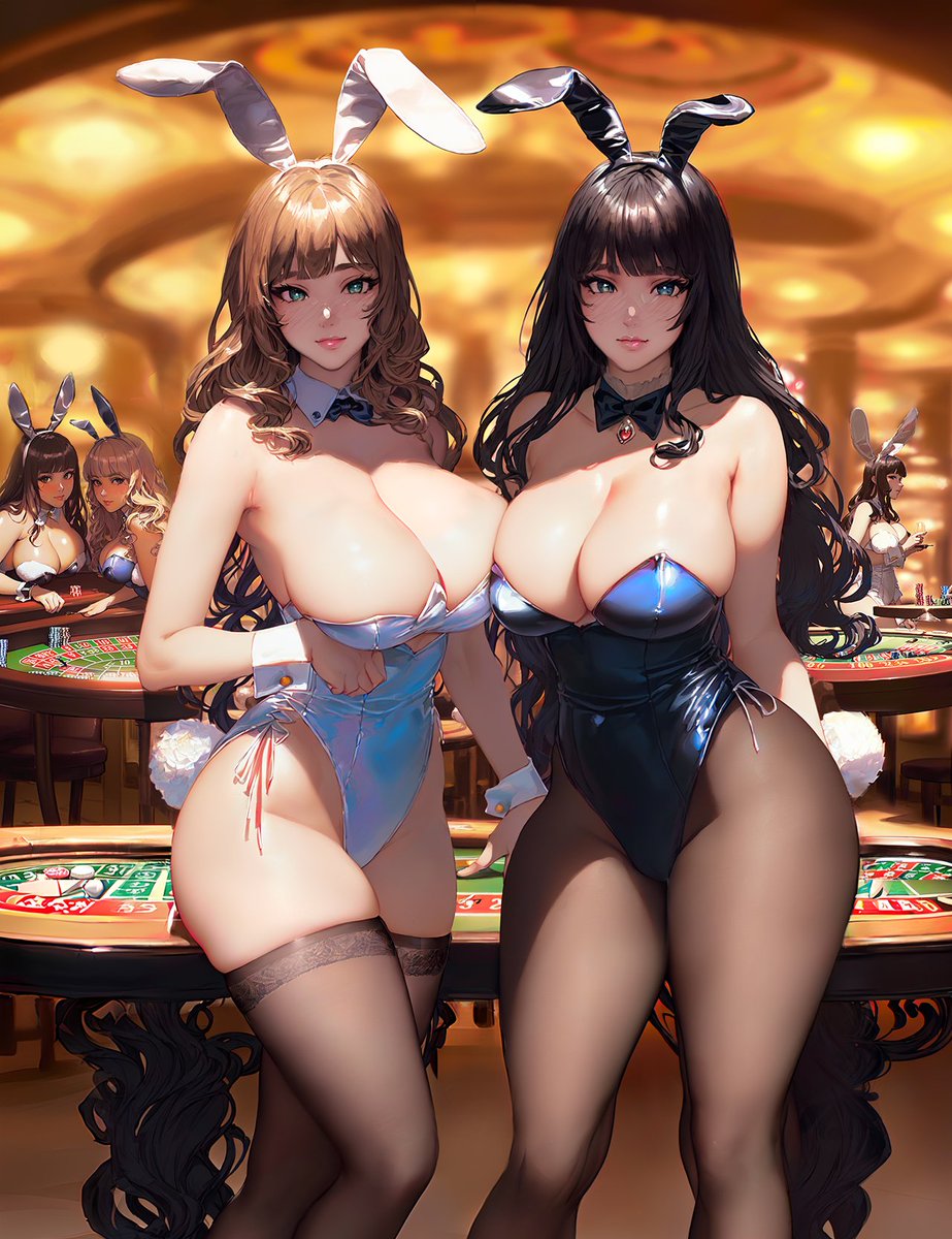 2023, 2girls, ai generated, black hair, black stockings, blonde hair, bunny ears, bunny girl, bunnysuit, curvy, curvy body, curvy female, curvy figure, female, female focus, female only, hi res, latex, legwear, leotard, long hair, looking at viewer, shiny clothes, stable diffusion, tight clothing, voluptuous female
