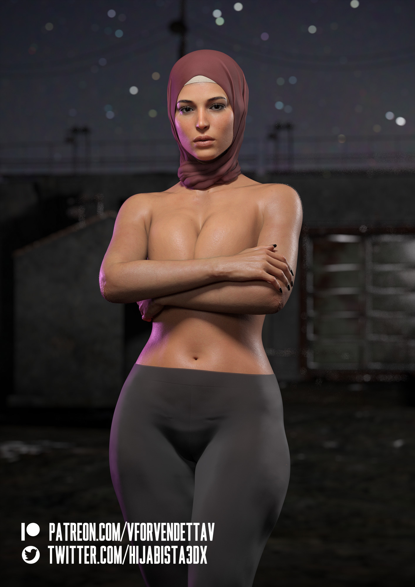 3d, arms crossed, ass, athletic, athletic female, big ass, big breasts, blender, breast squeeze, breasts, brown eyes, cellulite, cleavage, female, female focus, female only, high resolution, hijab, hourglass figure, lara croft, lara croft (survivor), looking at viewer, nudity, pinup, pinup pose, pose, posing, realistic, sideboob, signature, standing, tagme, text, thick thighs, thighs, tomb raider, tomb raider (survivor), vforvendettav, wide hips