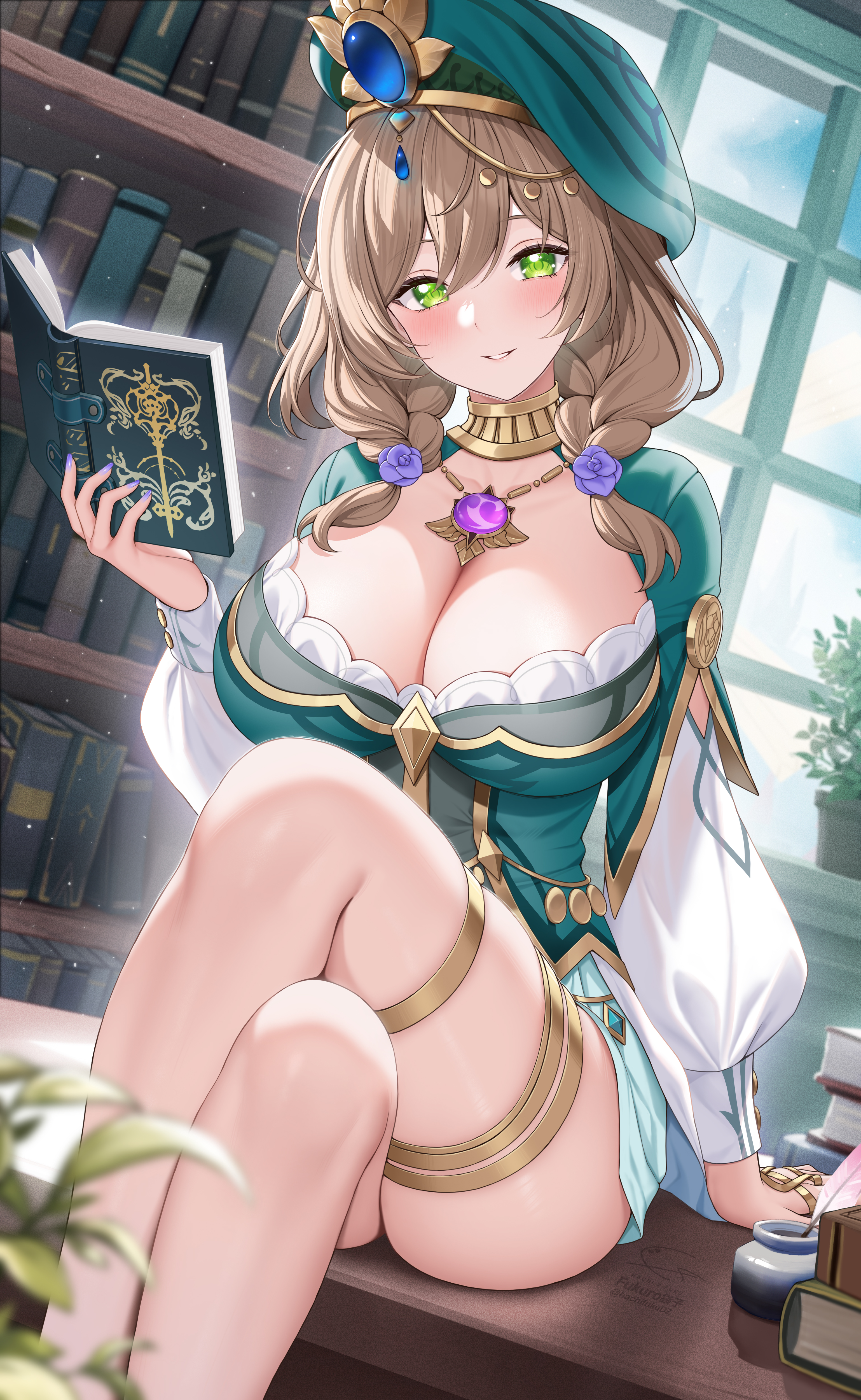 1girls, big breasts, blush, book, bookshelf, breasts, brown hair, cleavage, crossed legs, female, female only, fukuro ko (greentea), genshin impact, green eyes, hat, hi res, highres, indoors, large breasts, legs, librarian, lisa (a sobriquet under shade) (genshin impact), lisa (genshin impact), looking at viewer, nail polish, purple nails, sitting, solo, solo female, thick, thick thighs, thighs, voluptuous, window