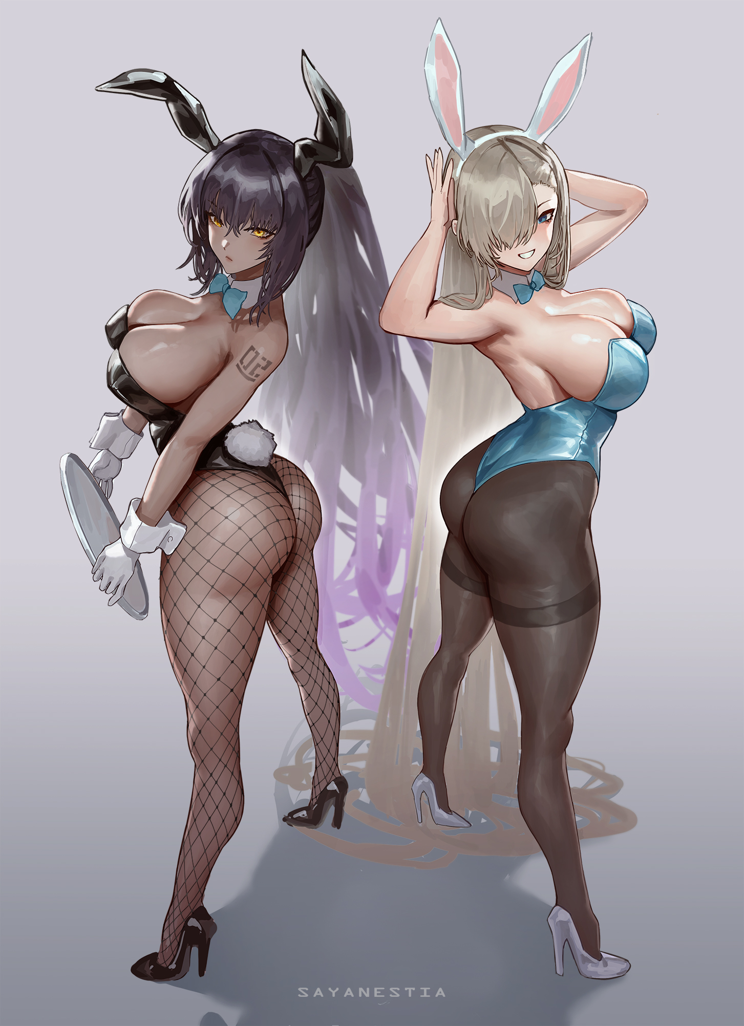 2girls, ass, asuna (blue archive), asuna (bunny) (blue archive), black hair, blonde hair, blue archive, blue eyes, breasts, bunny ears, bunny girl, bunnysuit, chocolate and vanilla, dark skin, dark-skinned female, female, fishnets, hair over one eye, heels, high heels, highleg leotard, hips, huge ass, huge breasts, karin (blue archive), karin (bunny) (blue archive), leotard, light skin, light-skinned female, long hair, massive breasts, ponytail, sayanestia, smile, stiletto heels, thick thighs, thighs, tights, very high heels, wide hips, yellow eyes