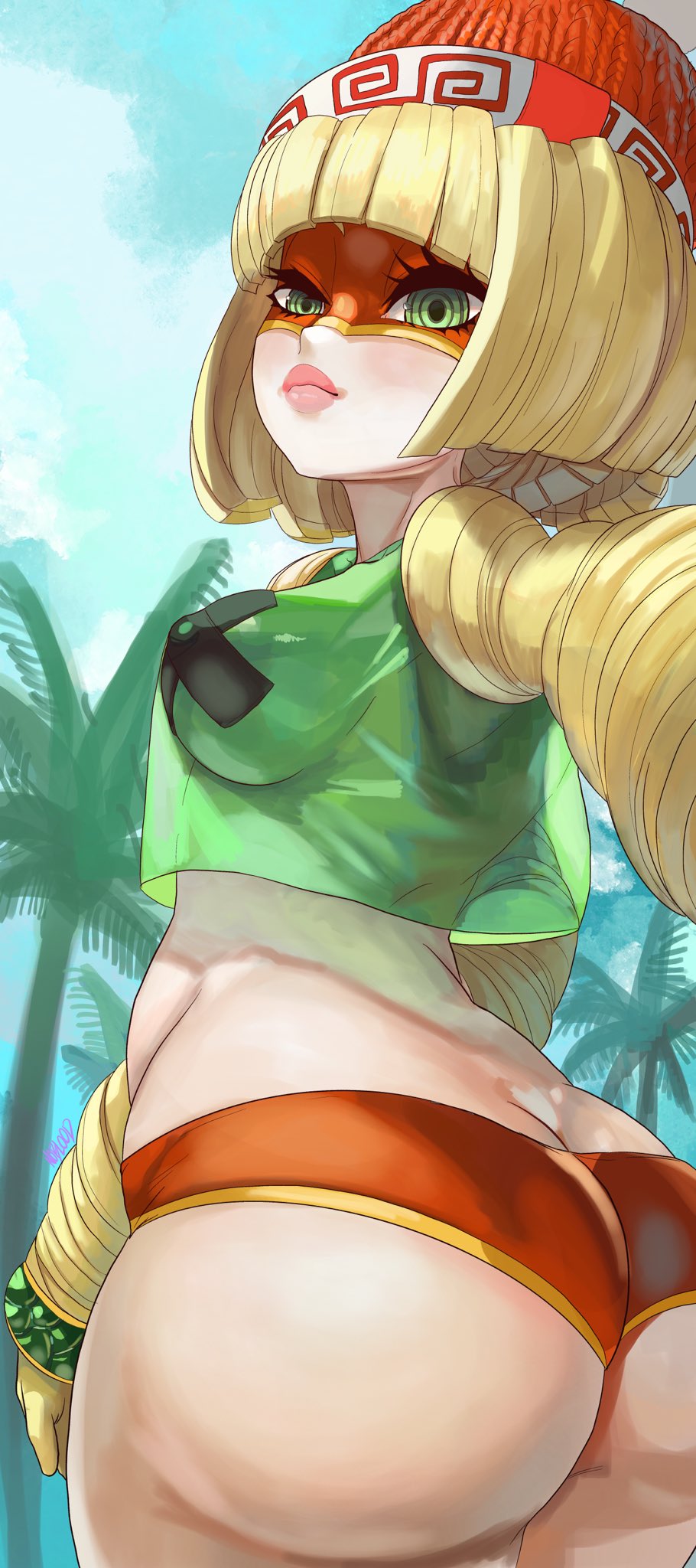 2023, arms (game), ass, blonde hair, breasts, bubble ass, bubble butt, female, female focus, female only, green eyes, min min (arms), nintendo, noblood, panties, pasties, see-through top, selfie, short hair, small breasts, swimsuit, thick thighs, thighs