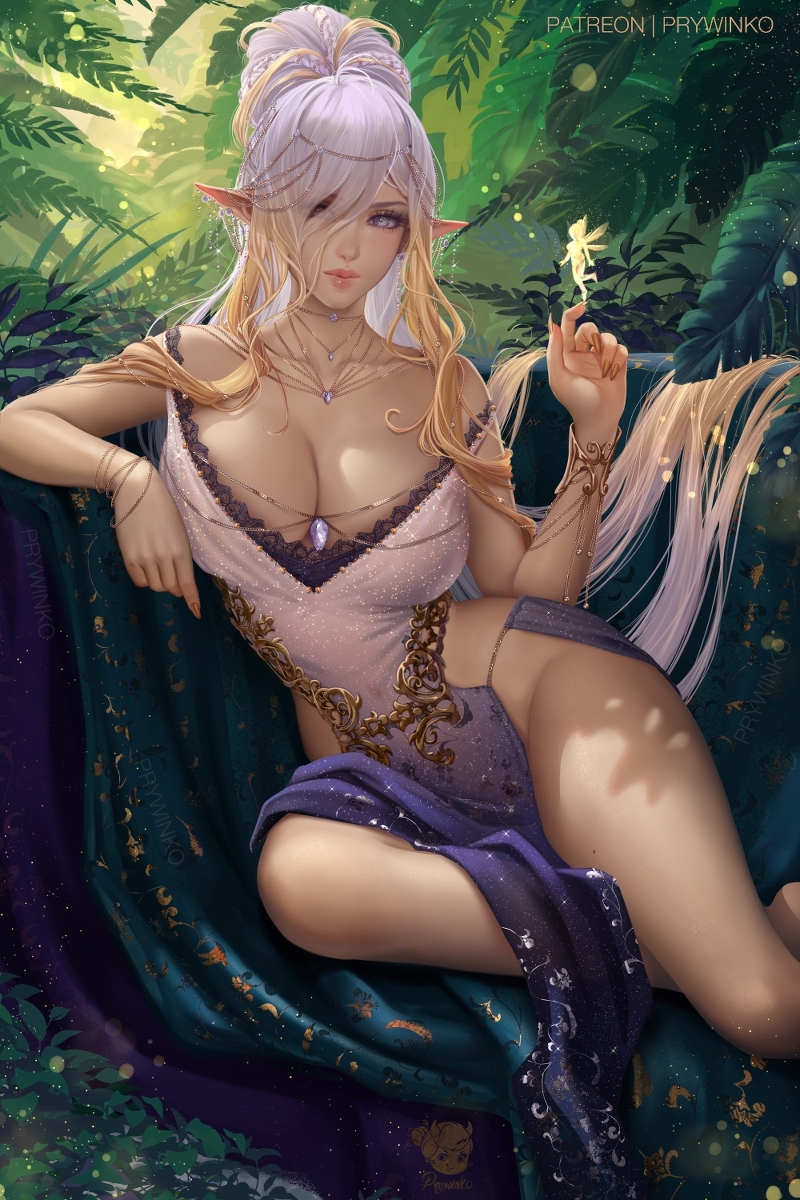 2020s, 2023, artist name, artist signature, big breasts, blonde hair, blue eyes, breasts, clothed, clothed female, clothes, clothing, elf, elf ears, elf female, female, gradient, gradient hair, hair, hair ornament, hair over one eye, hartman hips, hourglass figure, large breasts, multicolored hair, original character, prywinko, purple eyes, silver hair, tagme, thick thighs, thighs, thunder thighs, thunderthighs, white hair, wide hips