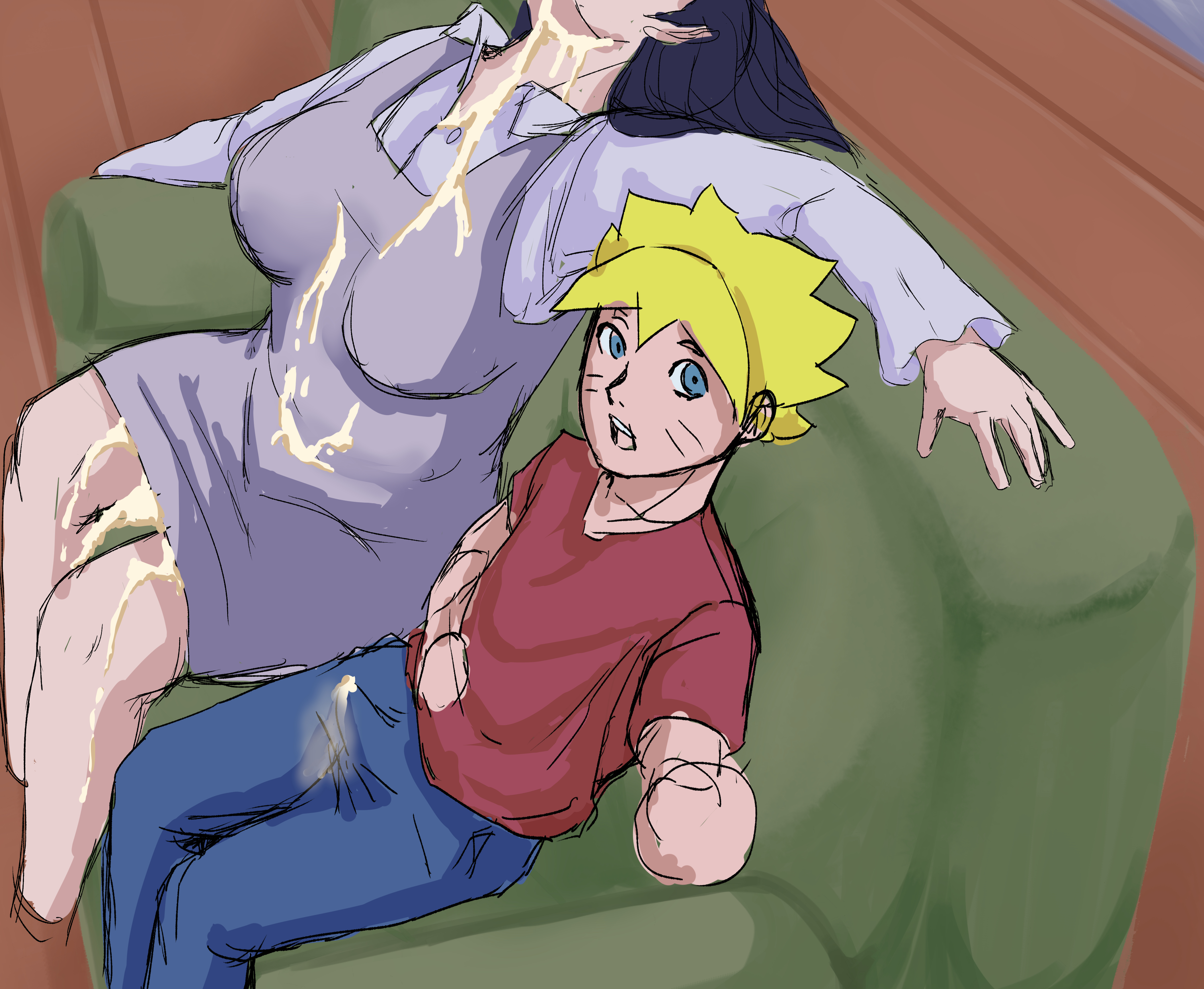 1boy, 1girls, after sex, alternate version available, bare legs, big breasts, blonde hair, blue eyes, boruto: naruto next generations, breasts, bulge, busty, clothed, clothing, couch, cum, cum drip, cum dripping, cum dump, cum everywhere, cum on body, cum on clothes, cum on face, cum on legs, cum on neck, cum on thighs, cumdrip, cumdump, dress, dripping cum, erection, erection under clothes, facial markings, female, fully clothed, height difference, hi res, high resolution, highres, hyuuga hinata, incest, large breasts, legs, light skin, light-skinned female, light-skinned male, looking at viewer, male, male/female, mature, mature female, milf, mother and son, naruto, naruto (series), older female, pale skin, pale-skinned female, pale-skinned male, short dress, shounen jump, size difference, sofa, spiky hair, straight, teenager, uzumaki boruto, uzumaki hinata, whisker markings, whiskers, yellow hair, younger male