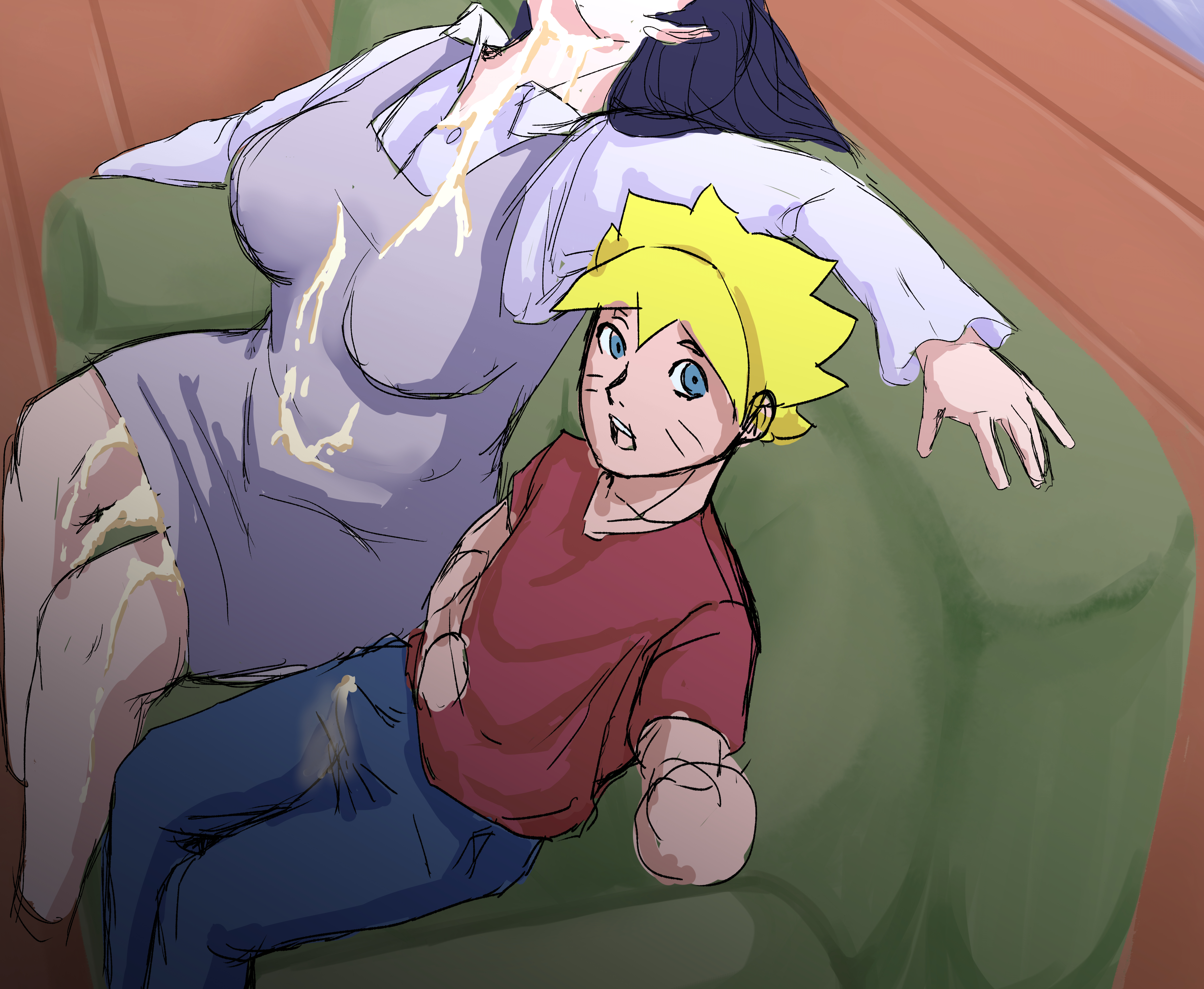 1boy, 1girls, after sex, alternate version available, bare legs, big breasts, blonde hair, blue eyes, boruto: naruto next generations, breasts, bulge, busty, clothed, clothing, couch, cum, cum drip, cum dripping, cum dump, cum everywhere, cum on body, cum on clothes, cum on face, cum on legs, cum on neck, cum on thighs, cumdrip, cumdump, dress, dripping cum, erection, erection under clothes, facial markings, female, fully clothed, height difference, hi res, high resolution, highres, hyuuga hinata, incest, large breasts, legs, light skin, light-skinned female, light-skinned male, looking at viewer, male, male/female, mature, mature female, milf, mother and son, naruto, naruto (series), older female, pale skin, pale-skinned female, pale-skinned male, short dress, shounen jump, size difference, sofa, spiky hair, straight, teenager, uzumaki boruto, uzumaki hinata, whisker markings, whiskers, yellow hair, younger male